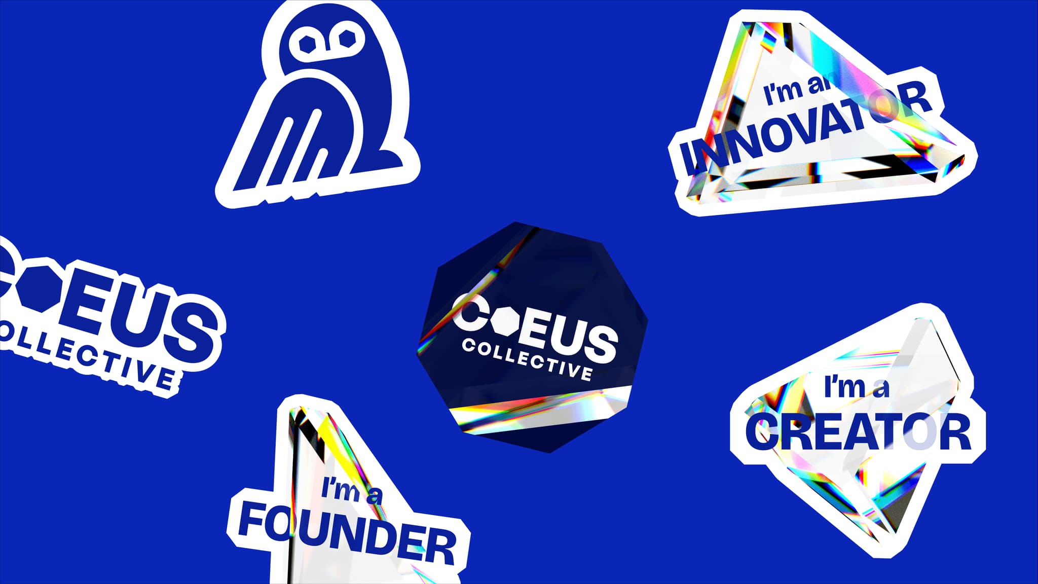 Colorful stickers featuring the Coeus Collective logo and phrases like "I'm a Founder," "I'm a Creator," and "I'm an Innovator."