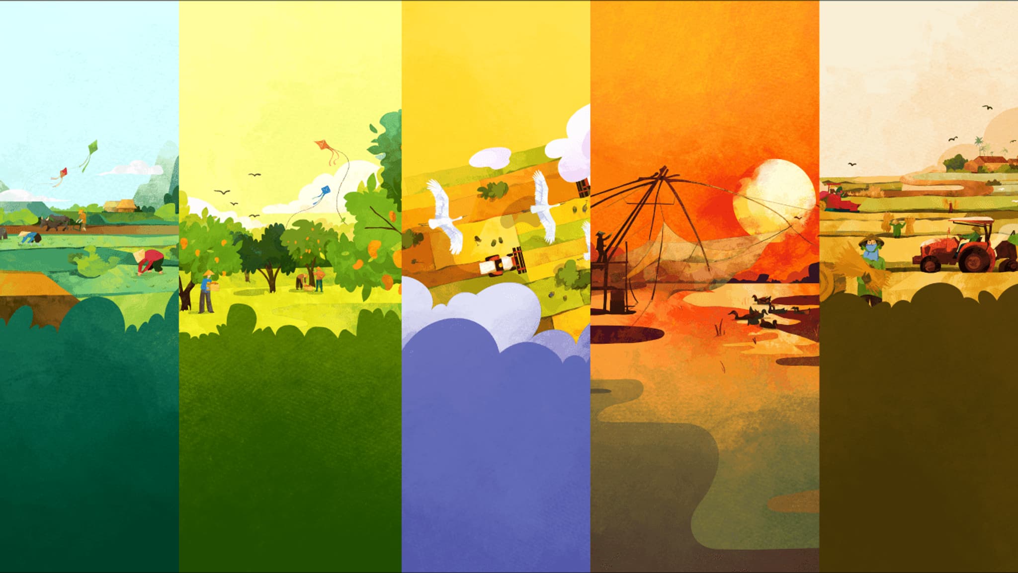 Colorful landscape illustrations depicting various agricultural scenes, showcasing farming activities throughout the seasons.
