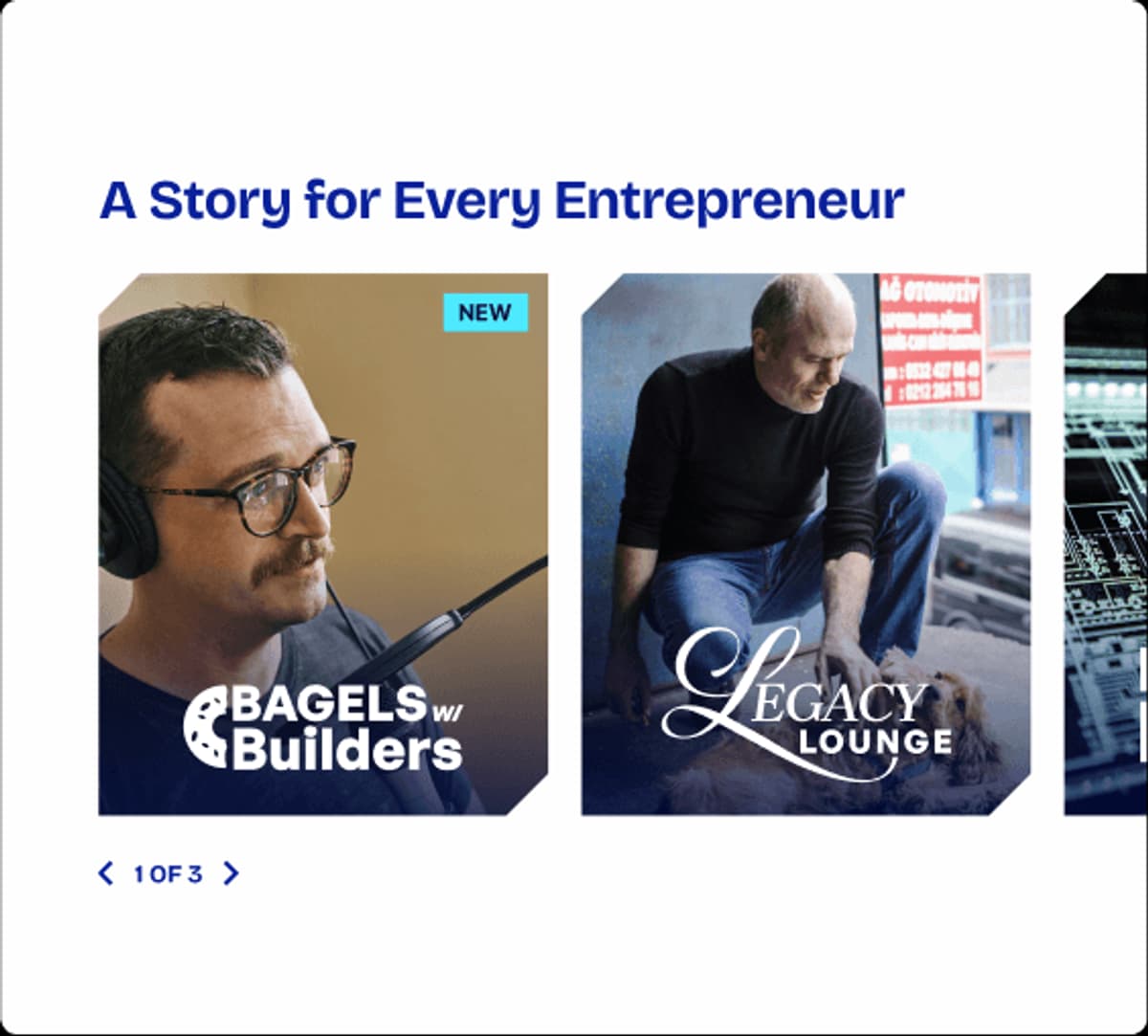 Promotional image featuring 'Bagels w/ Builders' podcast and 'Legacy Lounge' series, highlighting entrepreneurial stories.