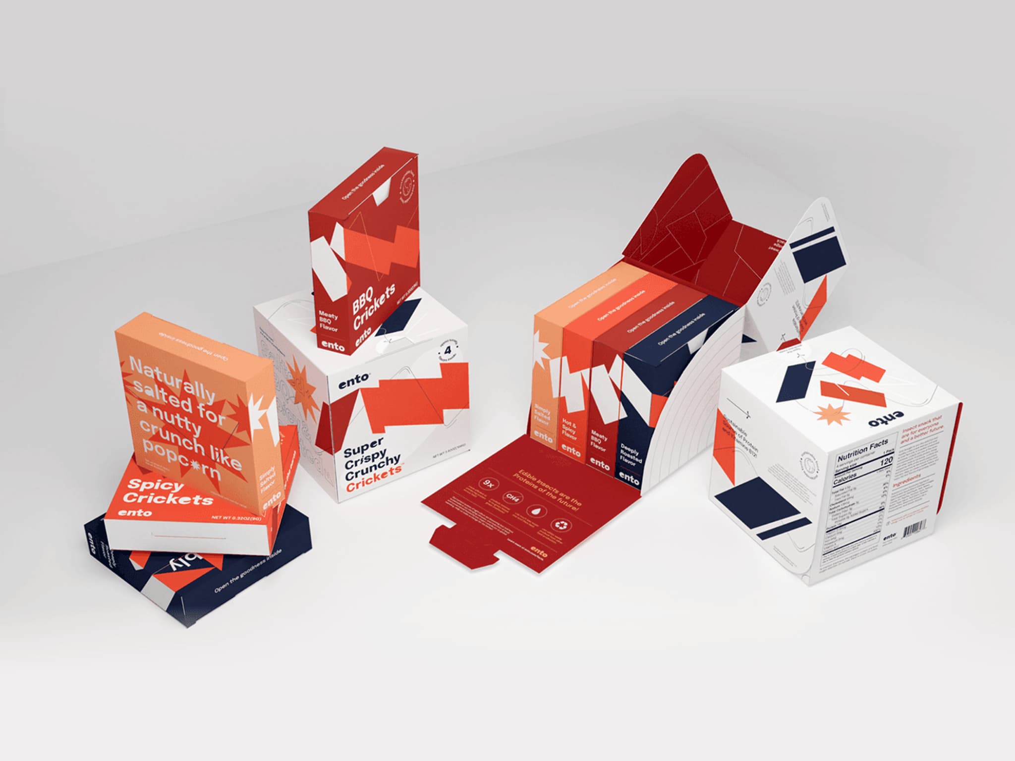 Colorful packaging design for spicy cricket snacks, featuring bold graphics and modern layout for a unique snack presentation.