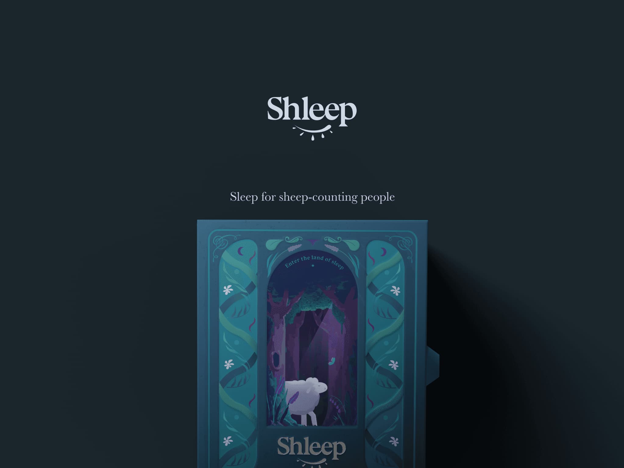 Shleep product packaging featuring whimsical design and tagline "Sleep for sheep-counting people."
