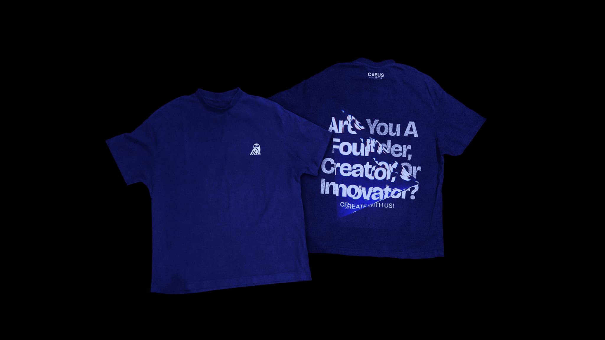 Navy blue t-shirt featuring Coeus branding with text: "Are You A Founder, Creator, or Innovator?" on the back.