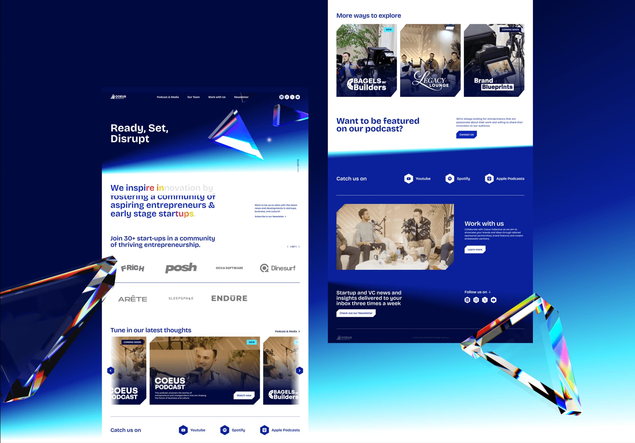 Website design mockup showcasing a modern interface for an entrepreneur-focused platform, featuring vibrant colors and engaging sections.