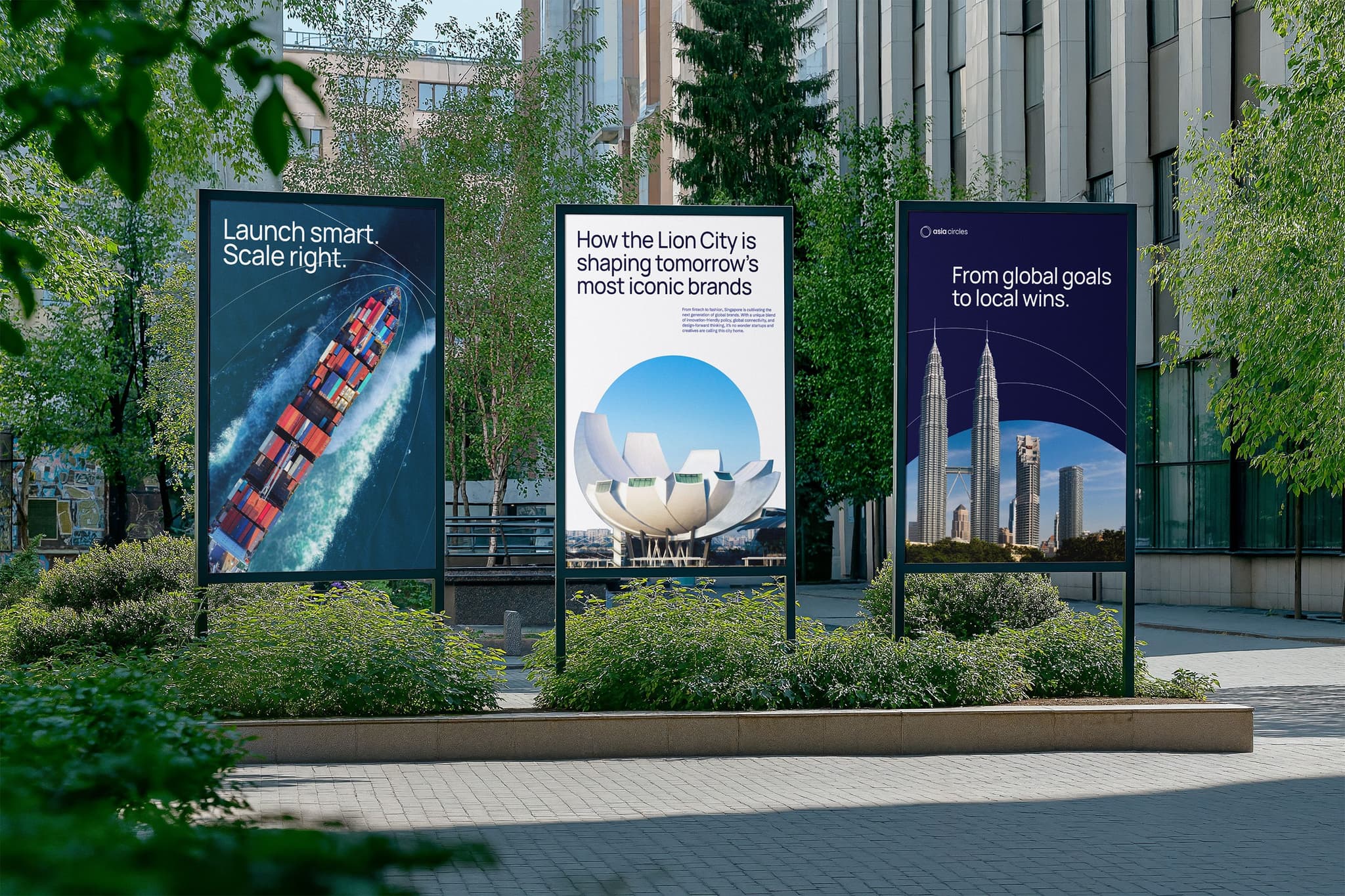 Three outdoor advertising panels showcasing urban branding themes in a modern cityscape with greenery.