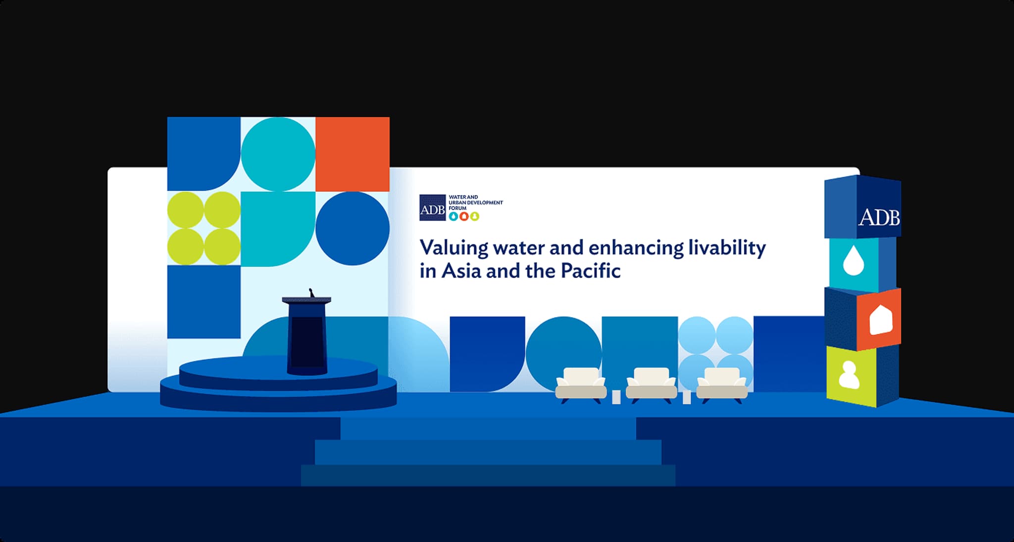Event stage setup featuring a podium and seating, promoting the theme "Valuing water and enhancing livability in Asia and the Pacific."