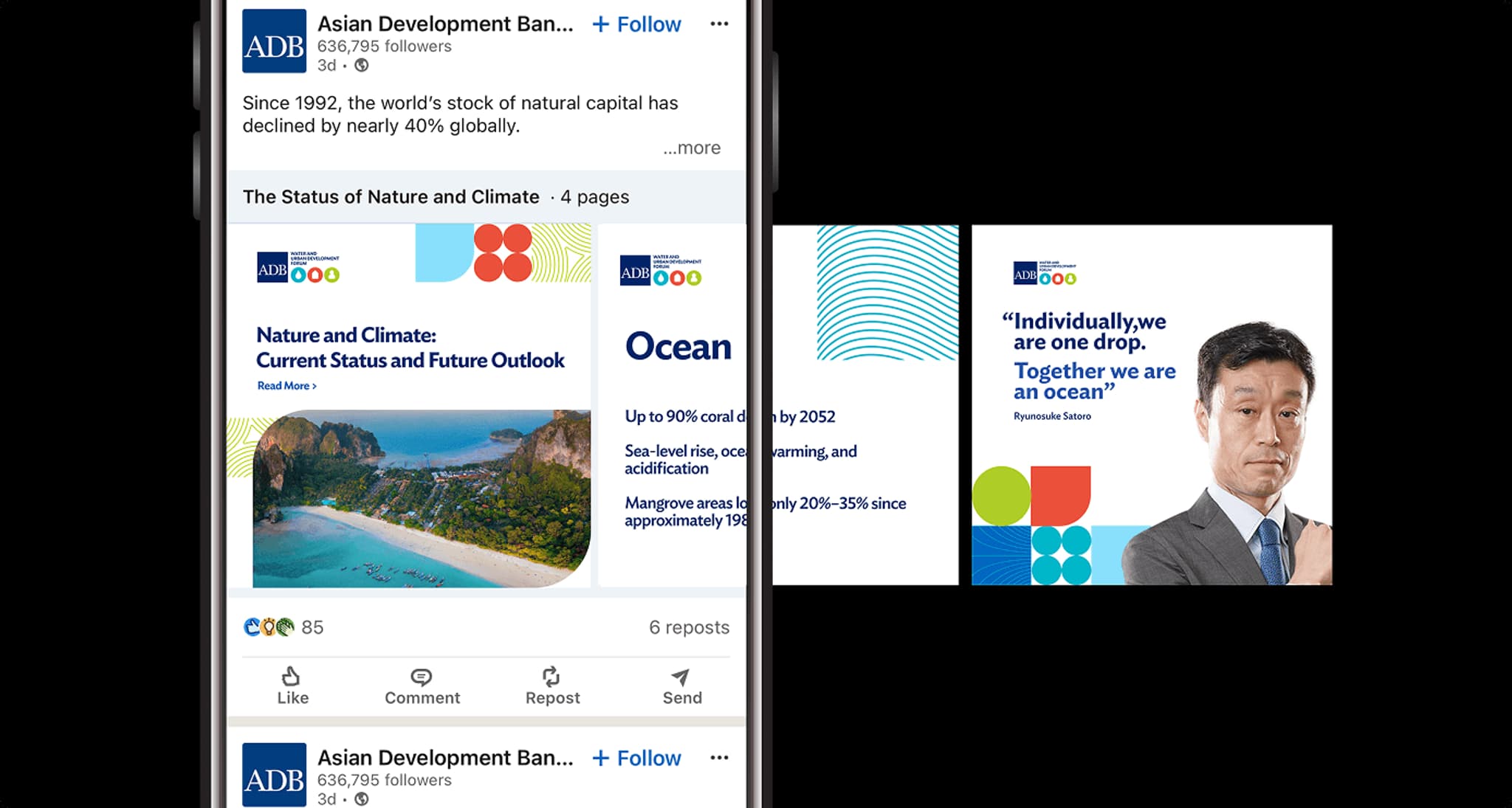 Social media post by Asian Development Bank highlighting climate statistics and ocean conservation efforts.