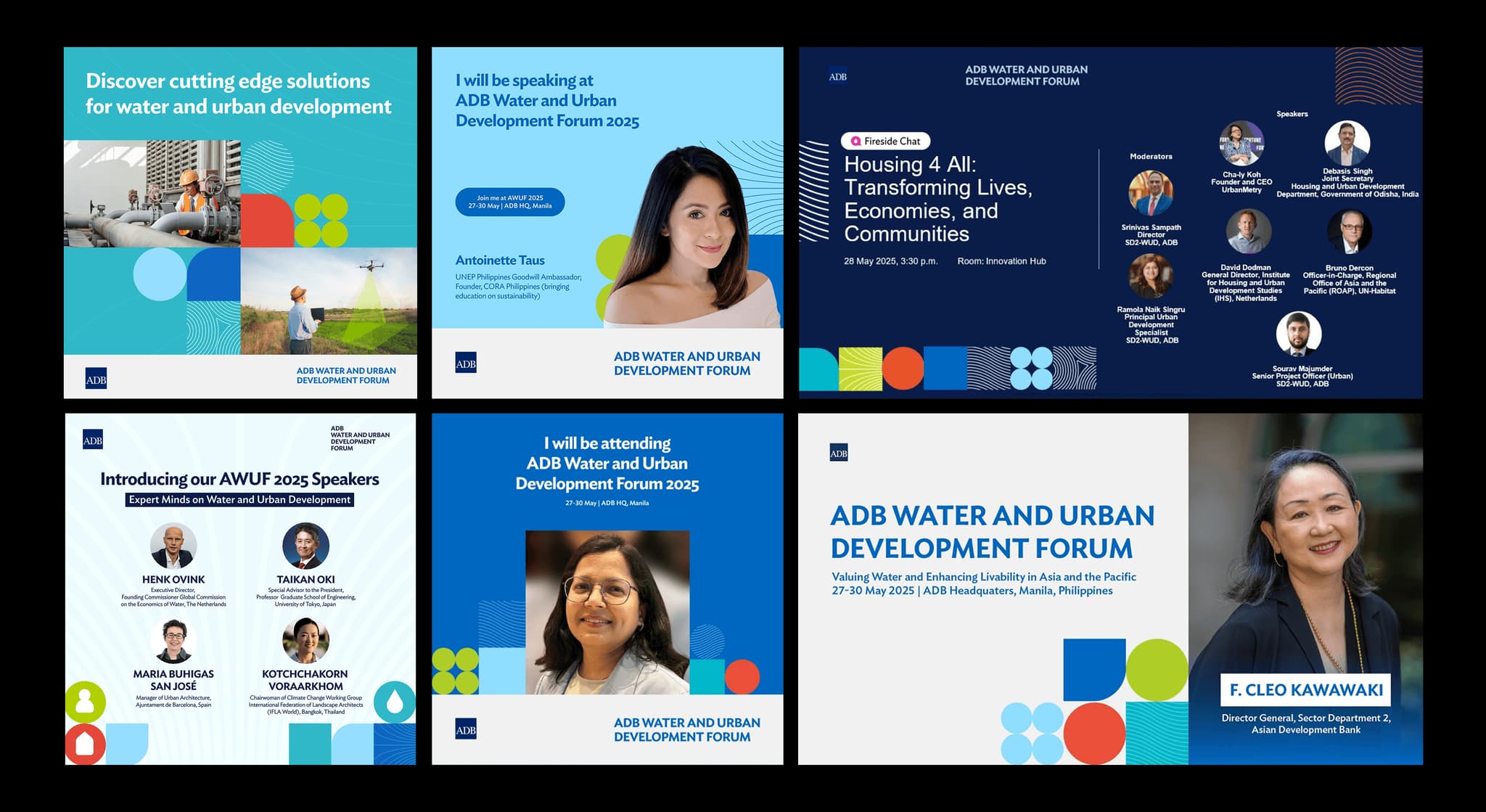 Collage of promotional slides for ADB Water and Urban Development Forum 2025 featuring speakers and event details.