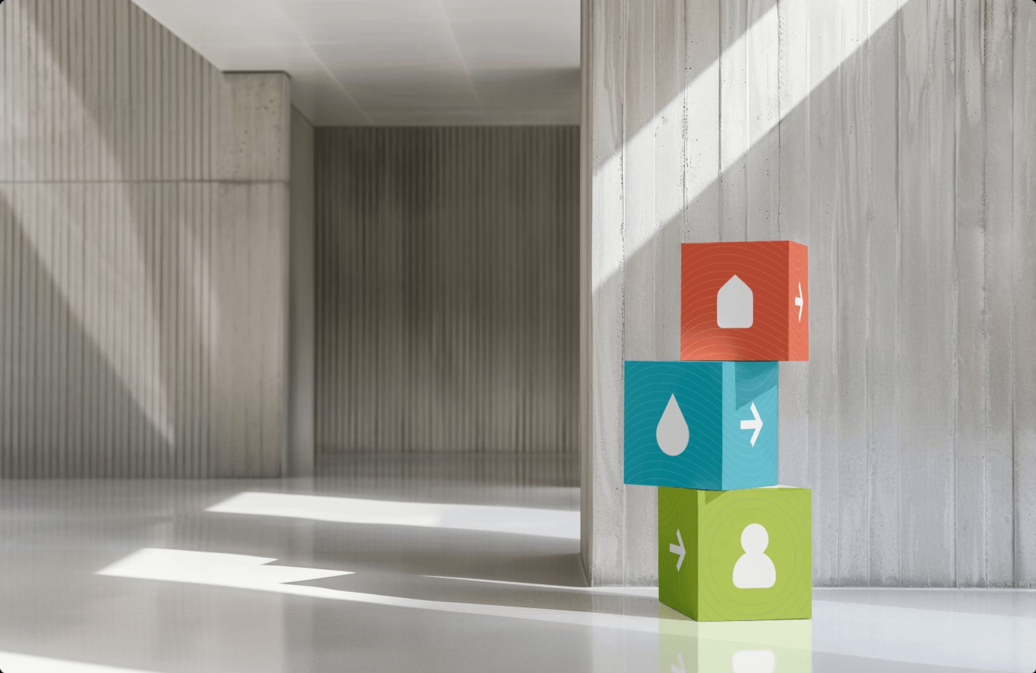 Colorful wayfinding signage blocks in a modern interior, featuring home, water, direction, and person icons.