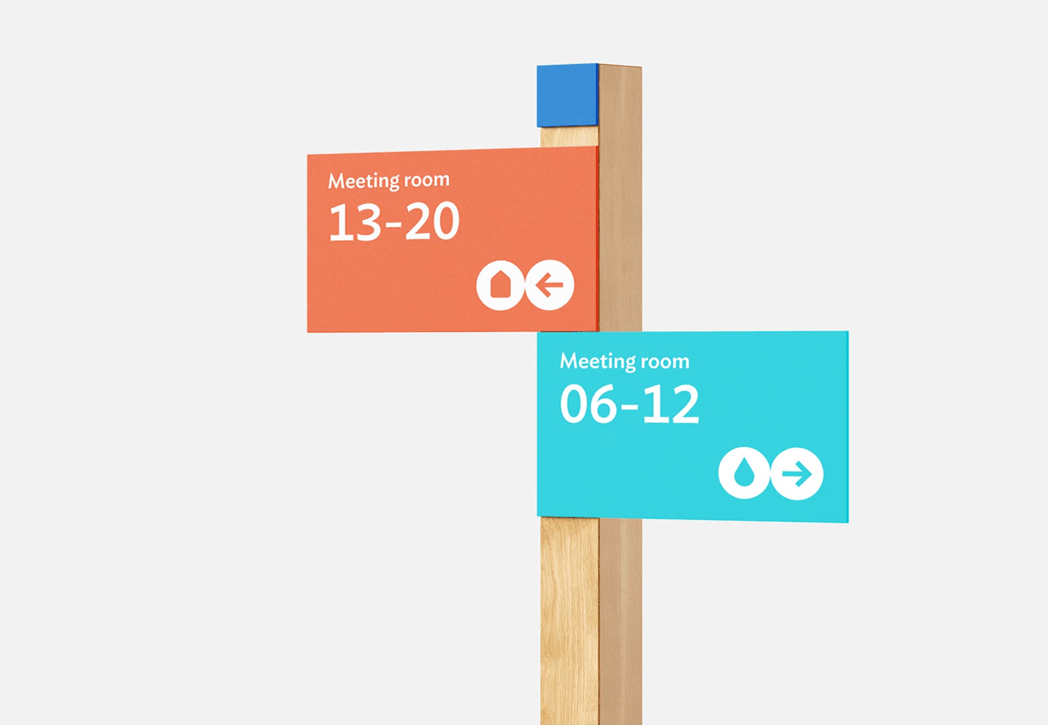 Wayfinding signage featuring two directional signs for meeting rooms 13-20 and 06-12, designed for easy navigation.