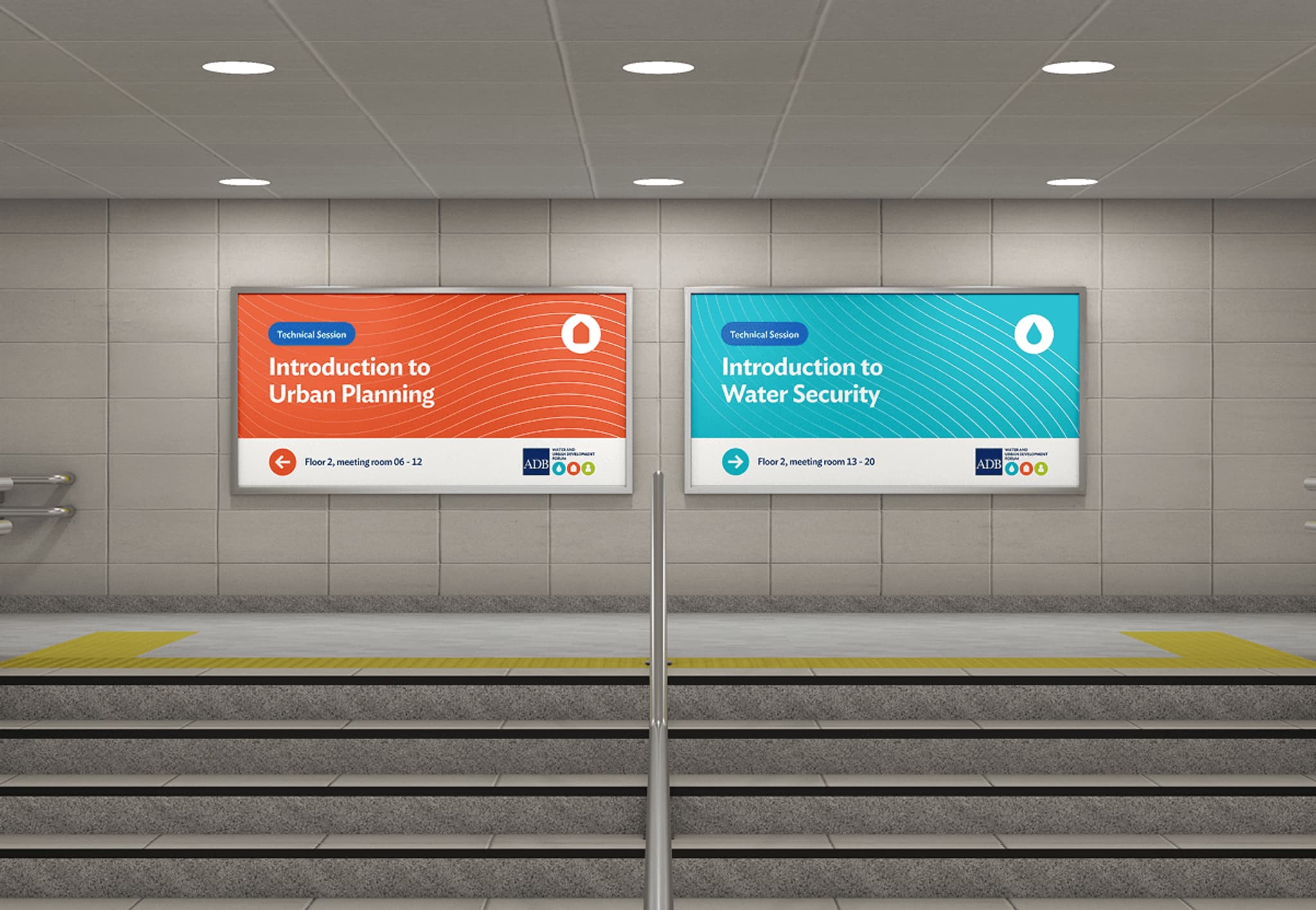 Colorful wayfinding signage in a transit station, showcasing "Introduction to Urban Planning" and "Introduction to Water Security."