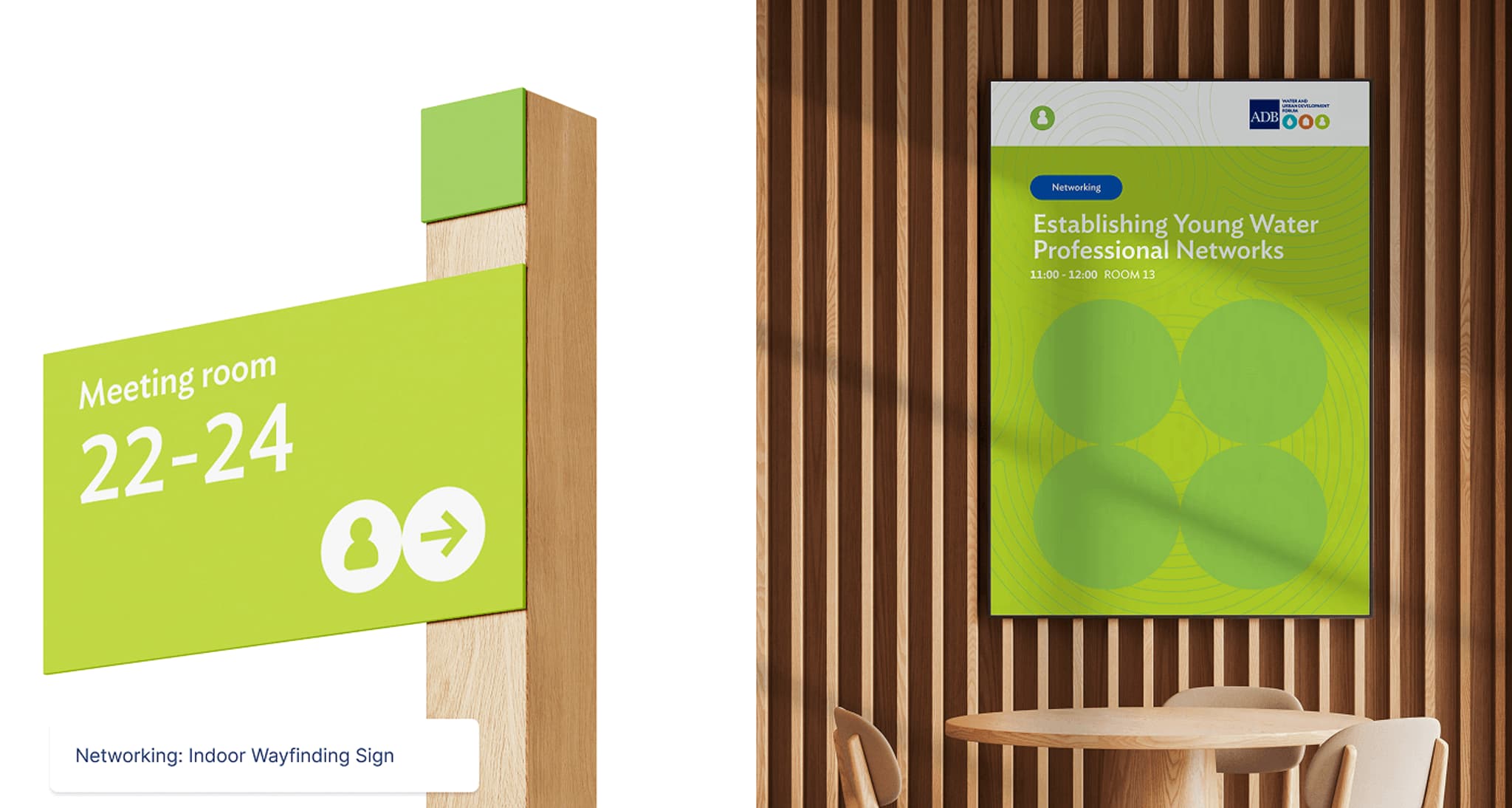 Indoor wayfinding signage displaying "Meeting room 22-24" with icons for navigation, ideal for networking events.