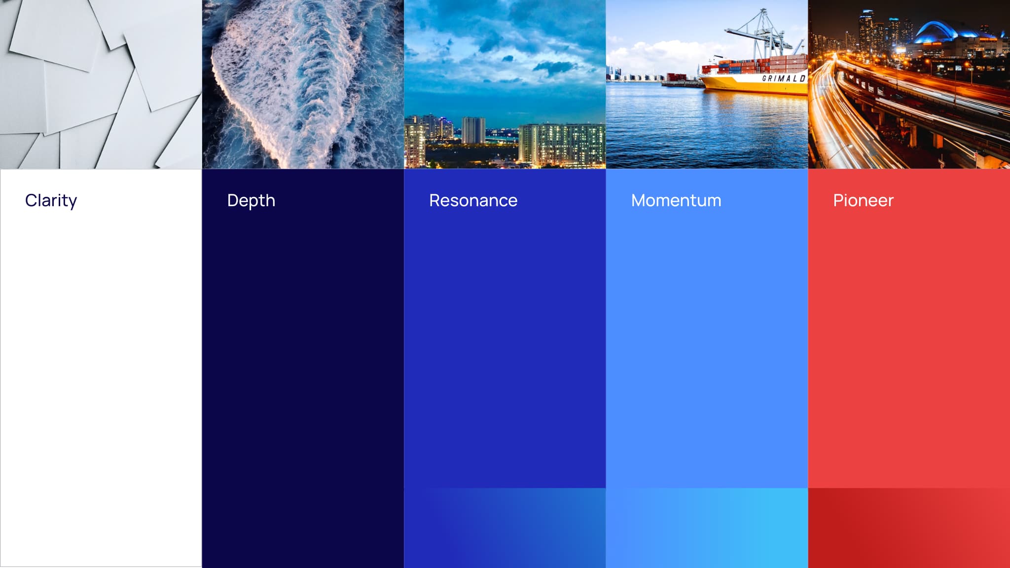 Color palette showcasing shades labeled Clarity, Depth, Resonance, Momentum, and Pioneer, with vibrant blues and reds.