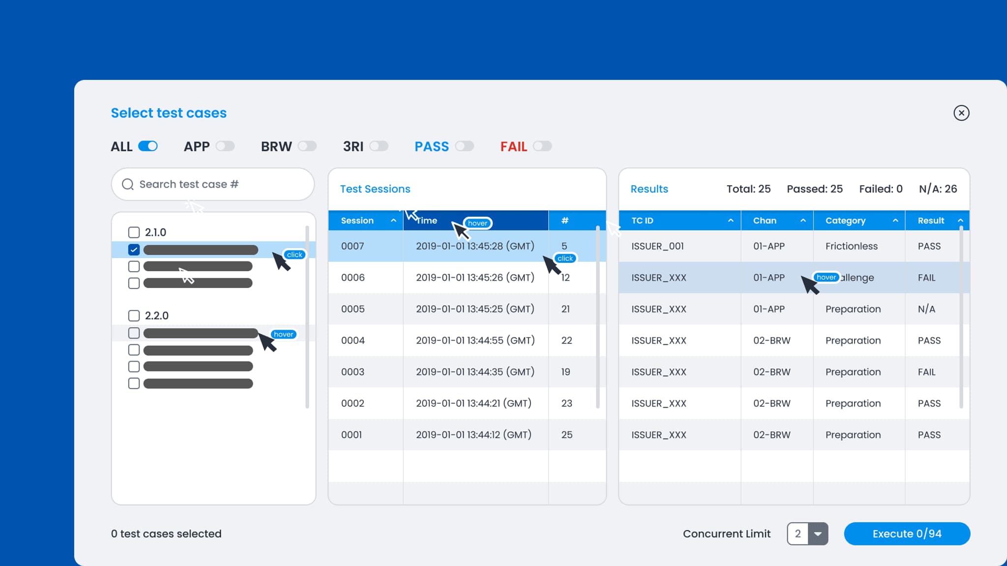 User interface showing the selection of text cases with session details, status indicators, and results summary for testing software.
