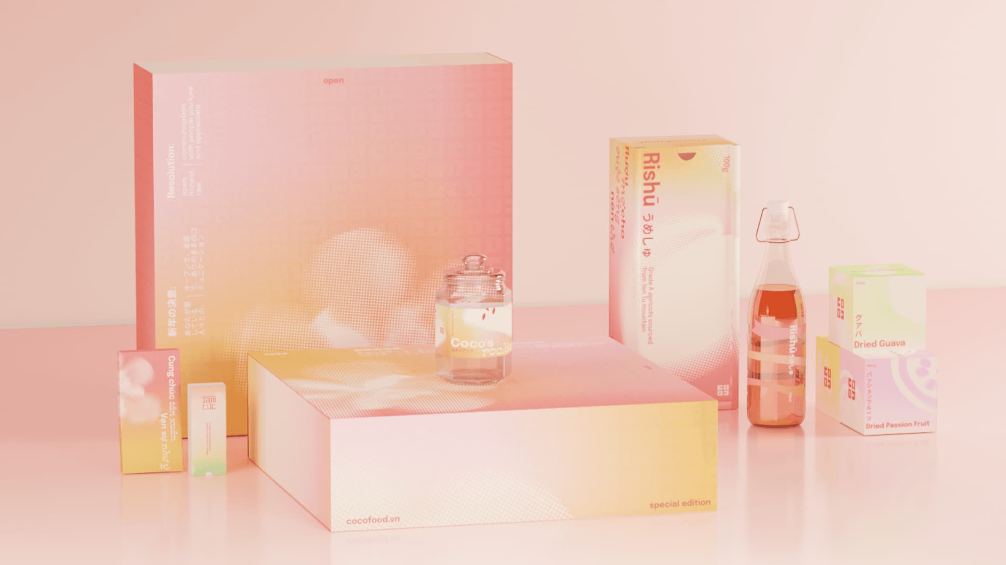 Pastel-colored skincare products arranged artistically on a soft pink background, showcasing their elegant packaging.