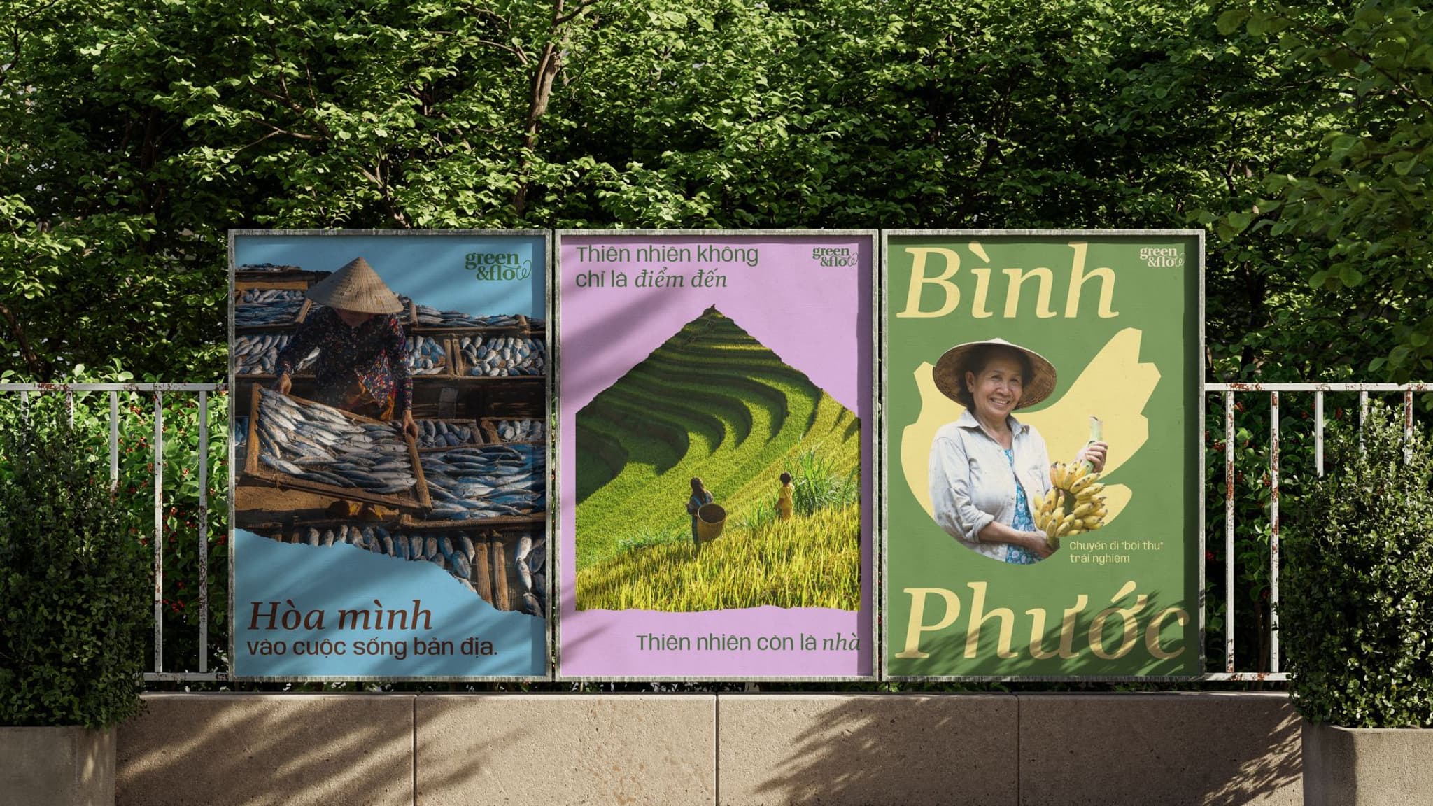 Three vibrant posters showcasing rural landscapes and cultural themes from Bình Phước, featuring local agriculture and traditional lifestyles.