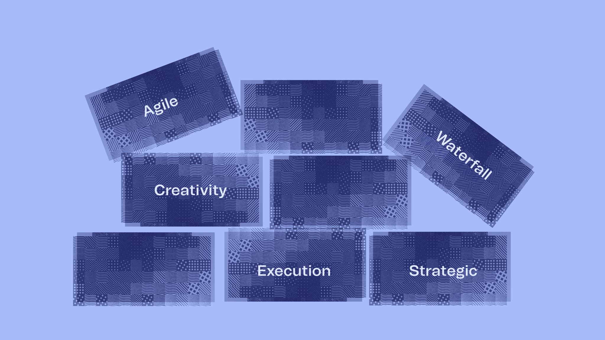 Blocks labeled with Agile, Waterfall, Creativity, Execution, and Strategic on a blue background, representing project management concepts.