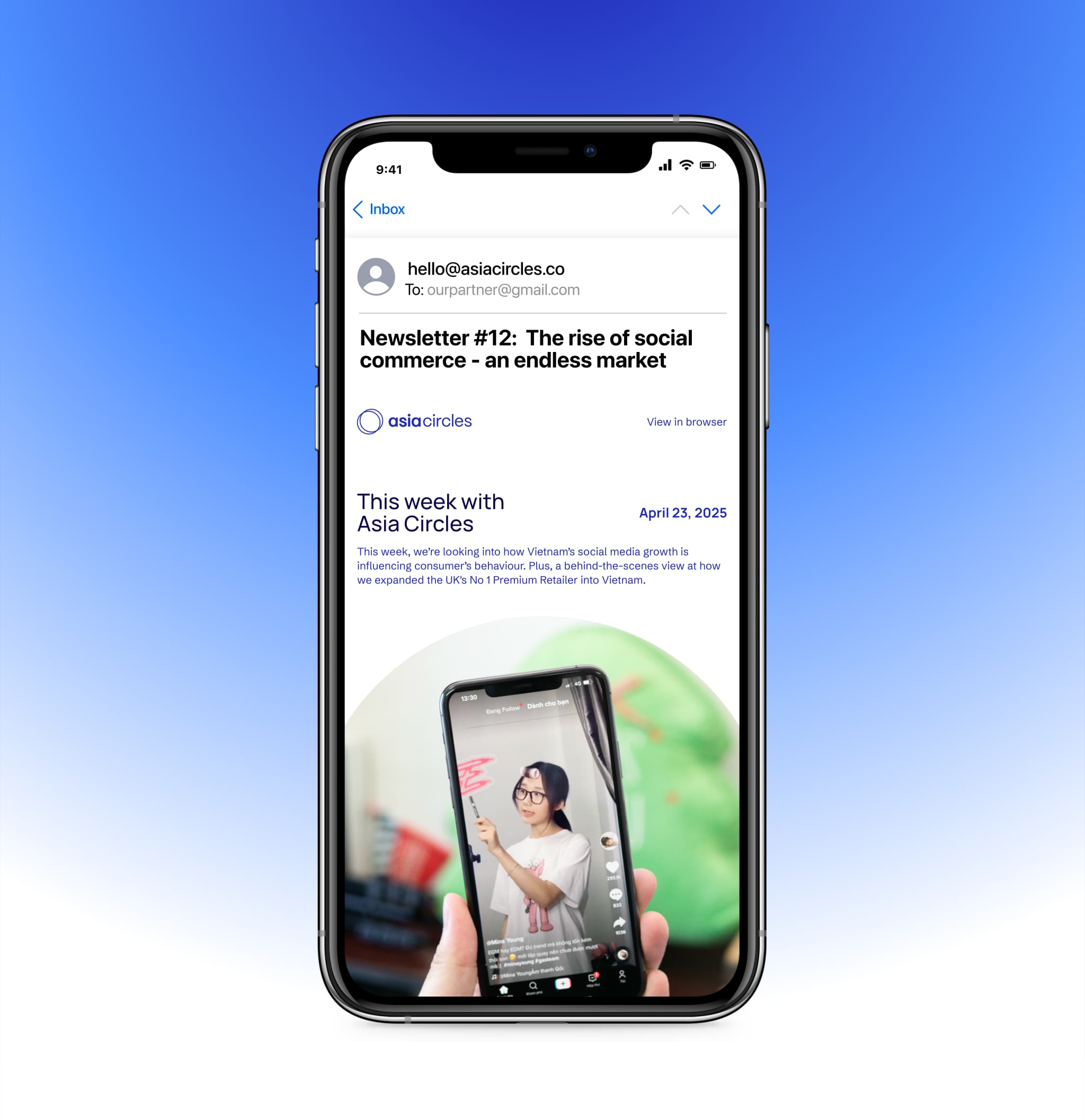Email newsletter showcasing social commerce trends on a smartphone, featuring a user interacting with a mobile app.