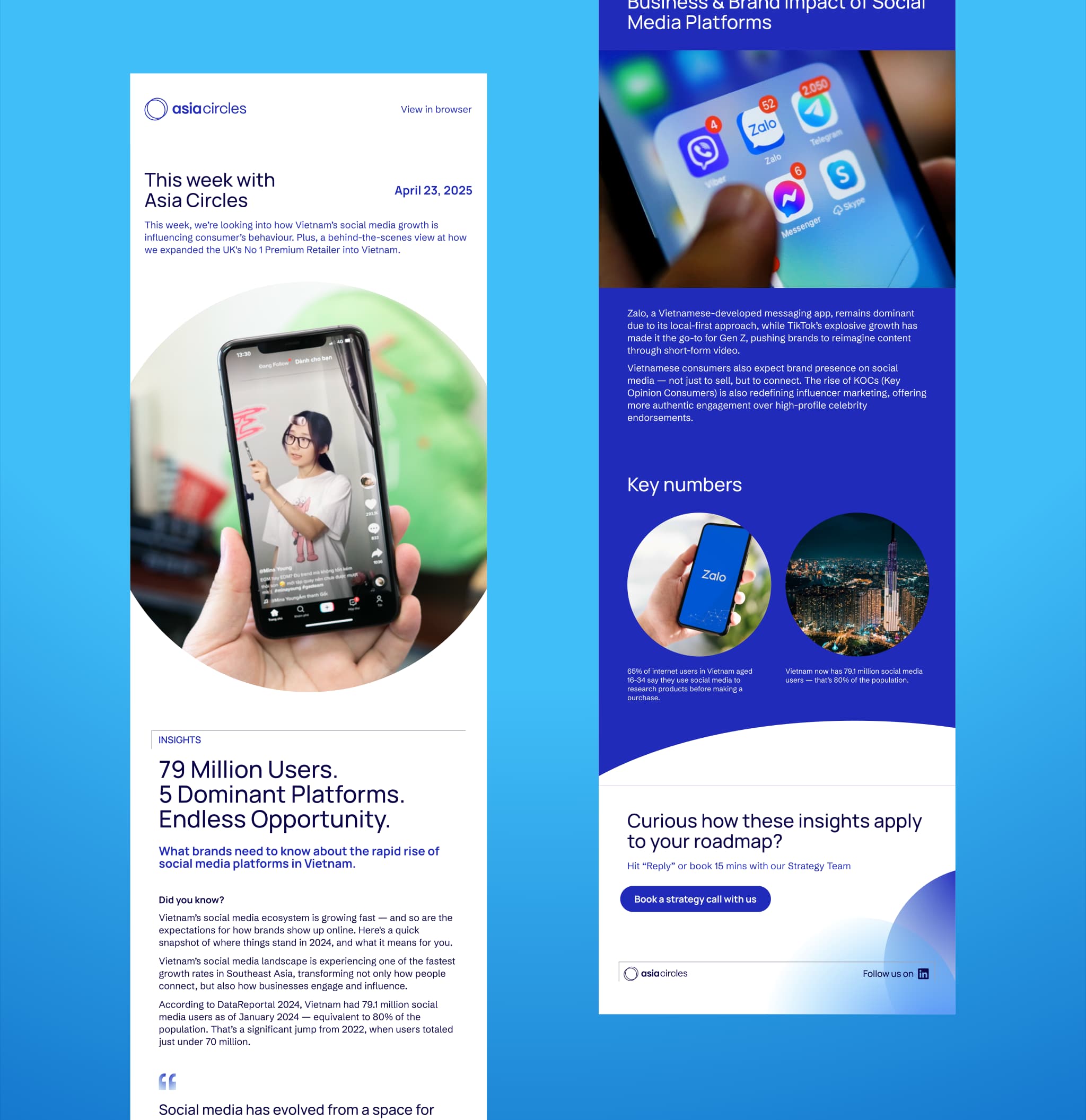 "Newsletter layout highlighting key statistics and insights on social media platforms, featuring engaging visuals and text."
