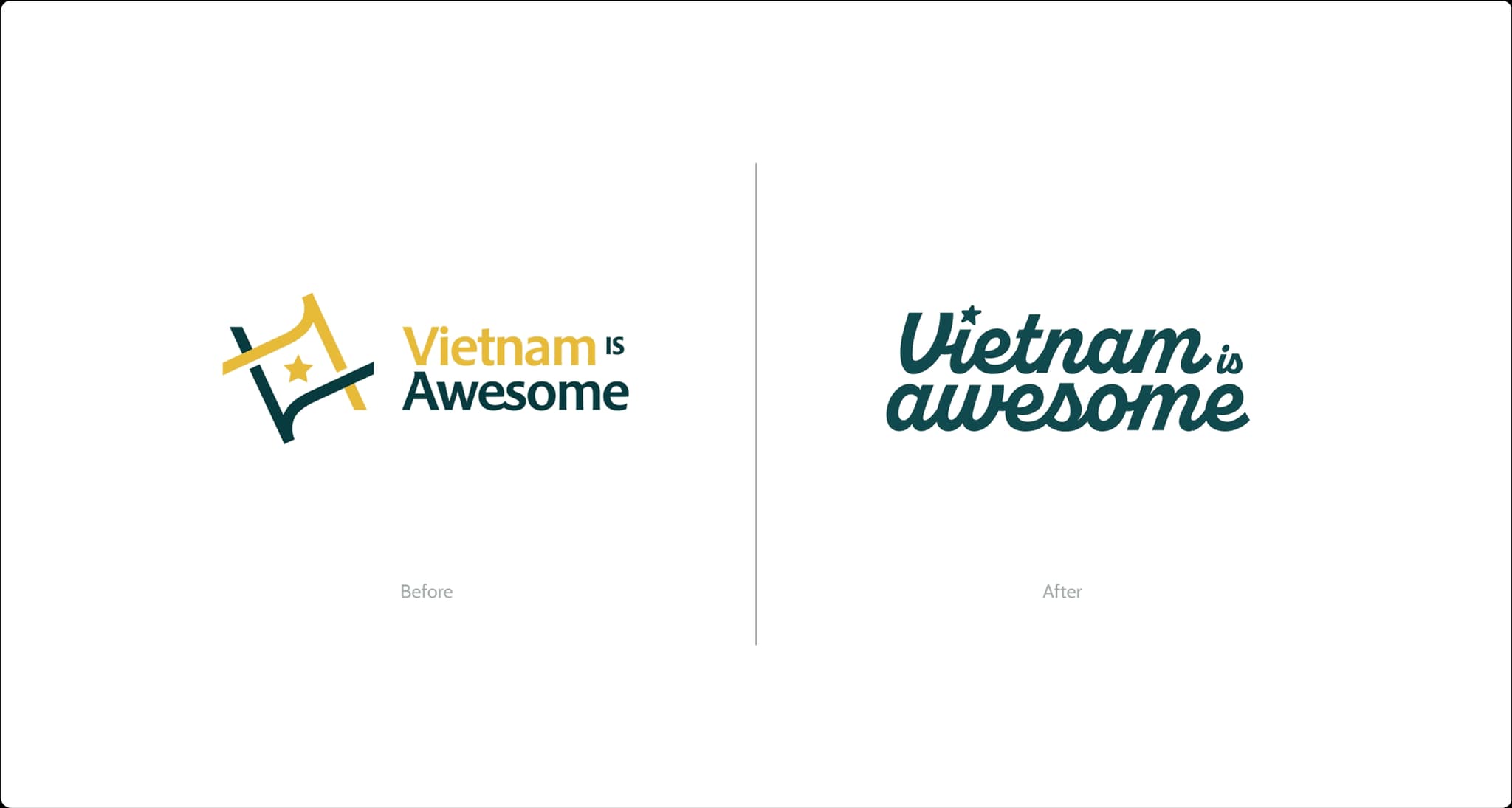 Comparison of "Vietnam is Awesome" logos, showcasing the design evolution from a bright, modern look to a stylish, cursive style.
