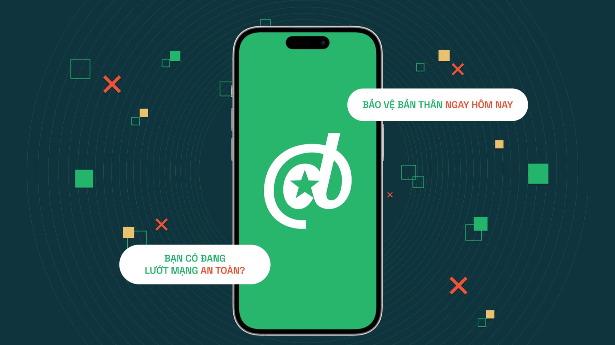 Smartphone displaying a green logo with security messages about safe internet browsing. Ideal for digital safety topics.