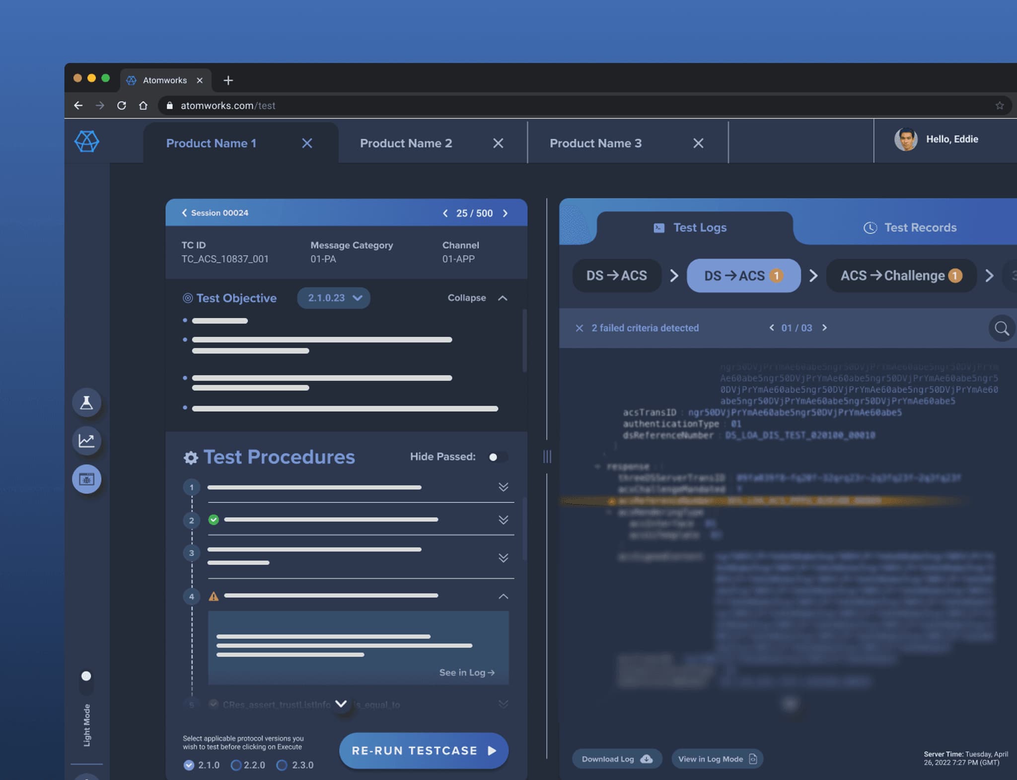 Screenshot of Atomworks interface displaying product details, test procedures, and performance metrics on a blue background.