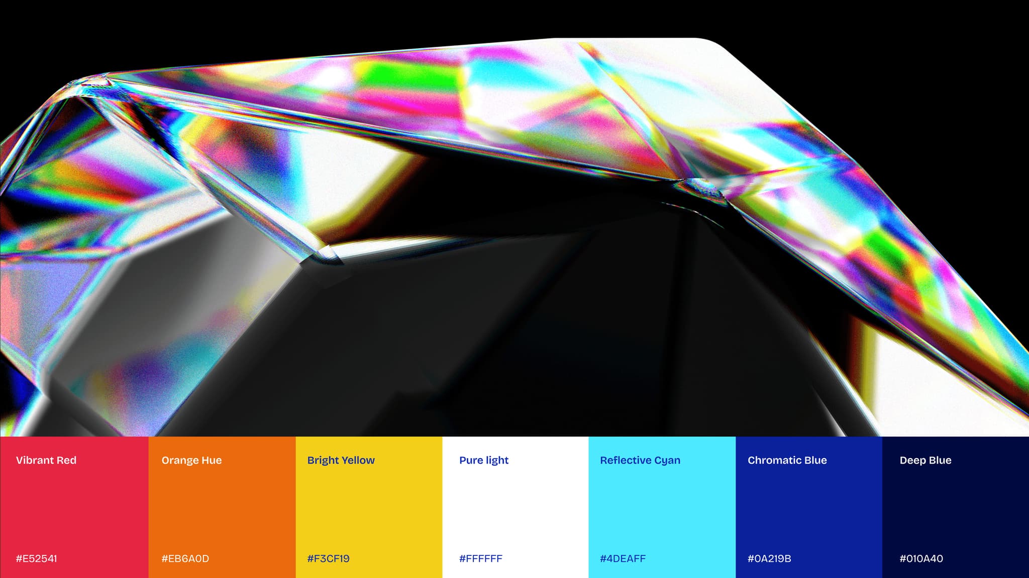 Coeus brand color palette showcasing vibrant hues inspired by crystal prisms, including colors like Vibrant Red and Reflective Cyan.