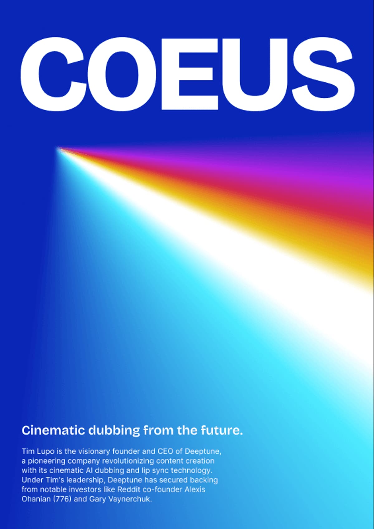 Cinematic poster for "Coeus," featuring vibrant colors and text about dubbing technology and Tim Lupo, CEO of DeepTune.