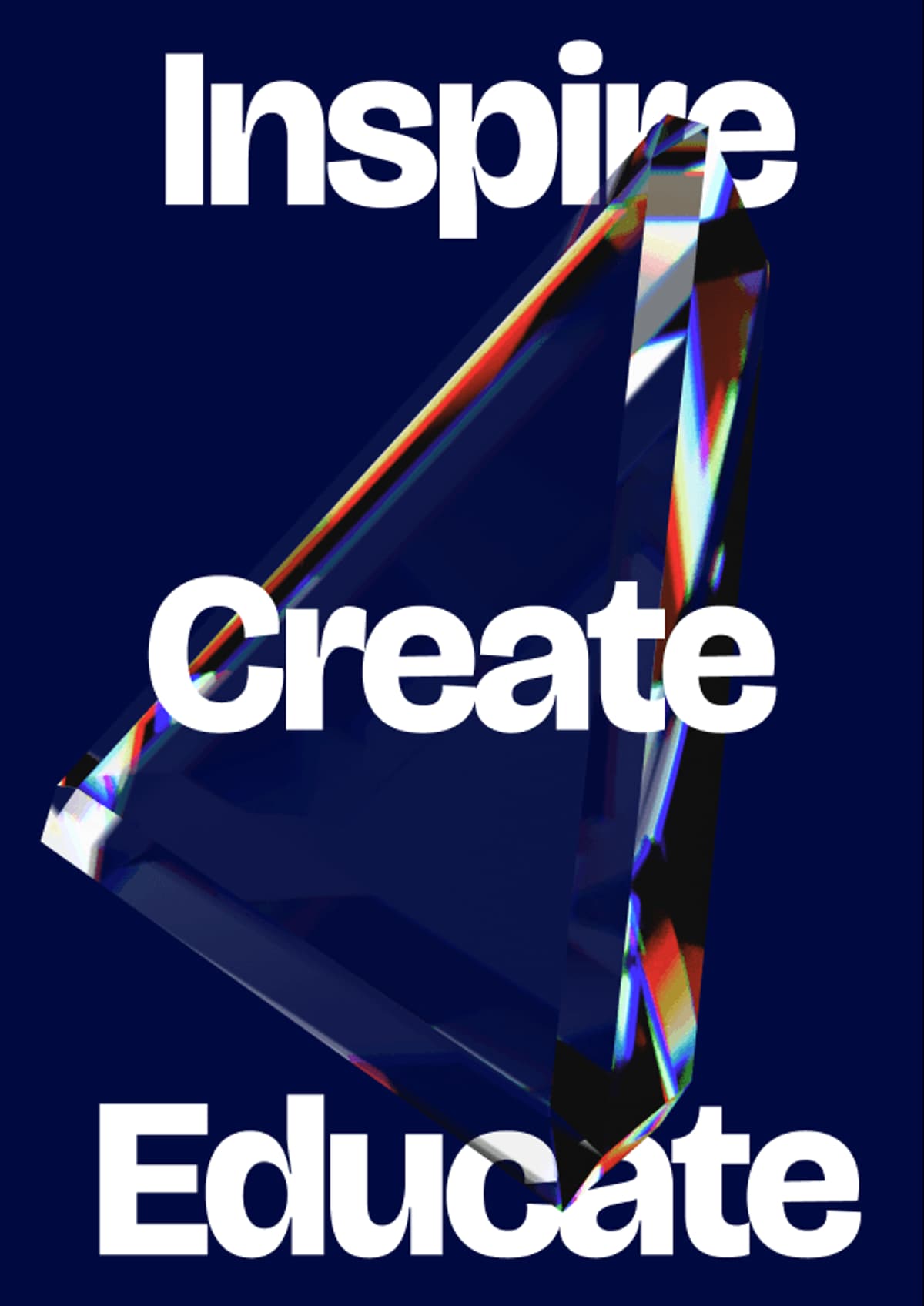 Triangular crystal on a dark blue background featuring the words "Inspire," "Create," and "Educate" in bold white text.