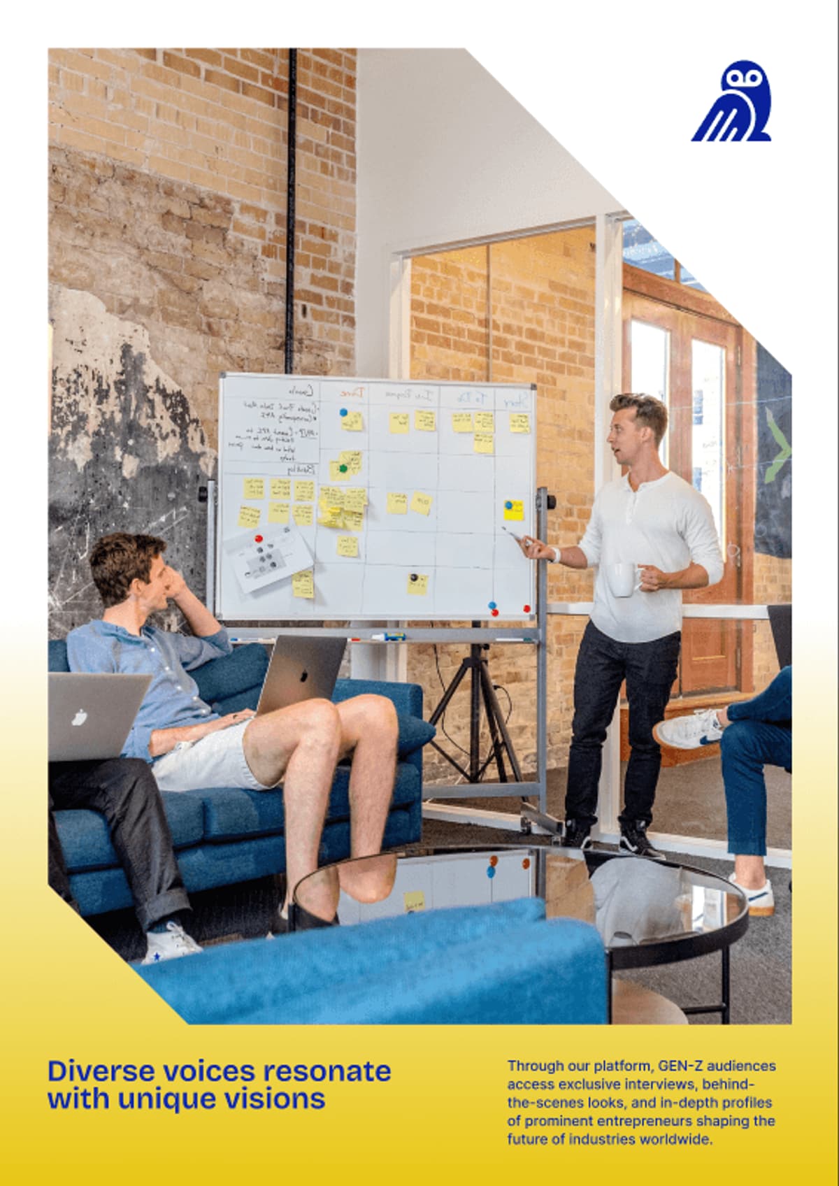 "Collaborative meeting with a presenter discussing diverse voices and visions, surrounded by engaged audience members."