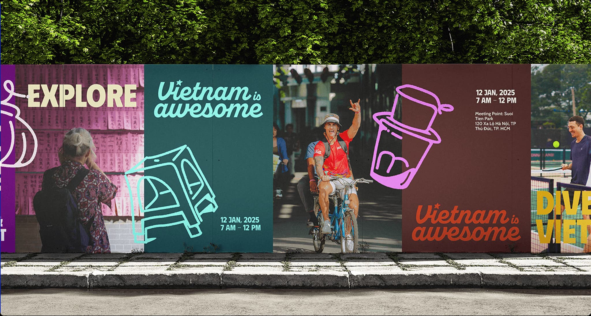 Colorful promotional banners showcasing "Vietnam is Awesome" event details, featuring vibrant imagery and inviting design elements.