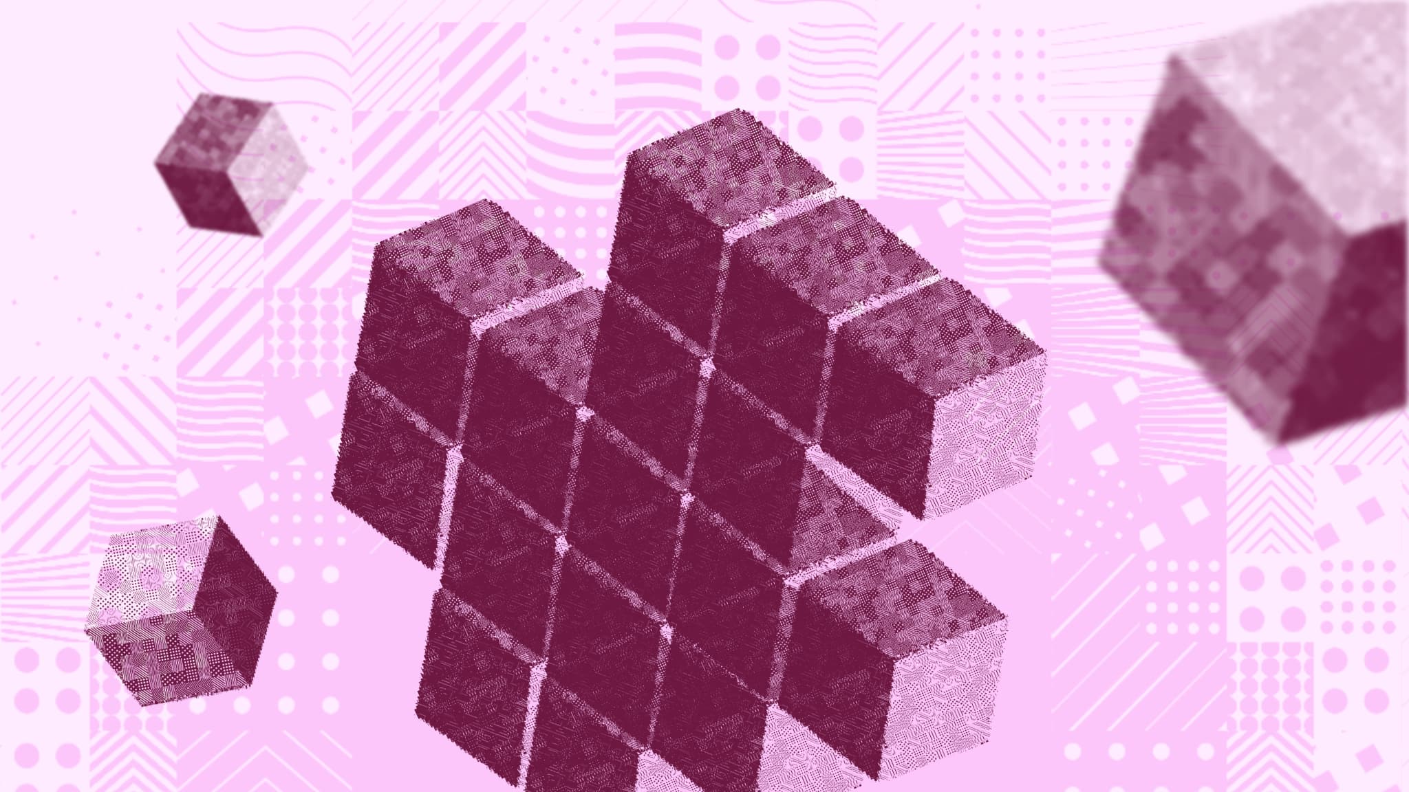 Abstract cubes arranged in a 3D pattern on a pink digital background, representing concepts in AI and technology.