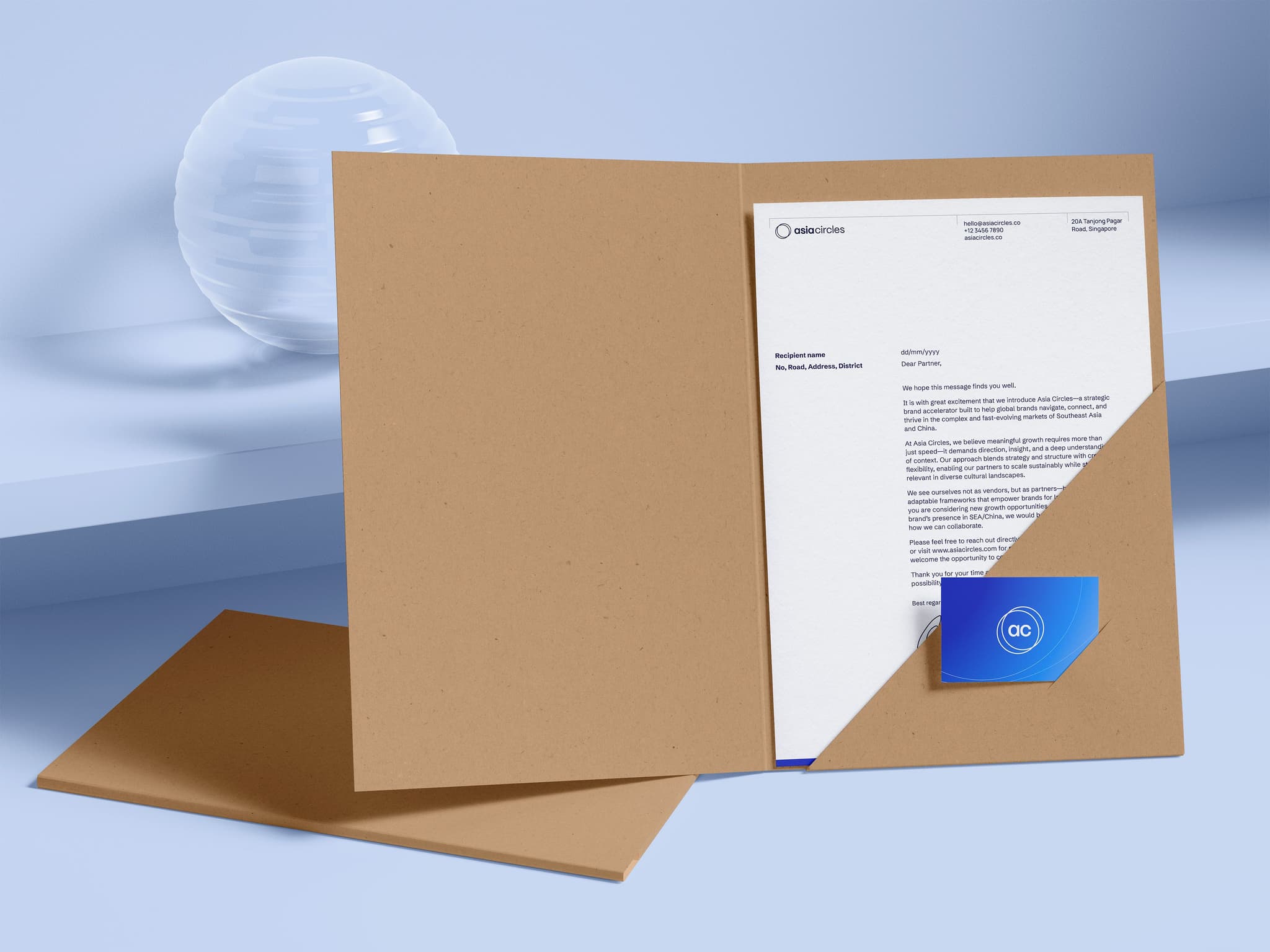 Elegant brown letterhead folder featuring a formal letter and a branded logo card, set against a minimalist background.