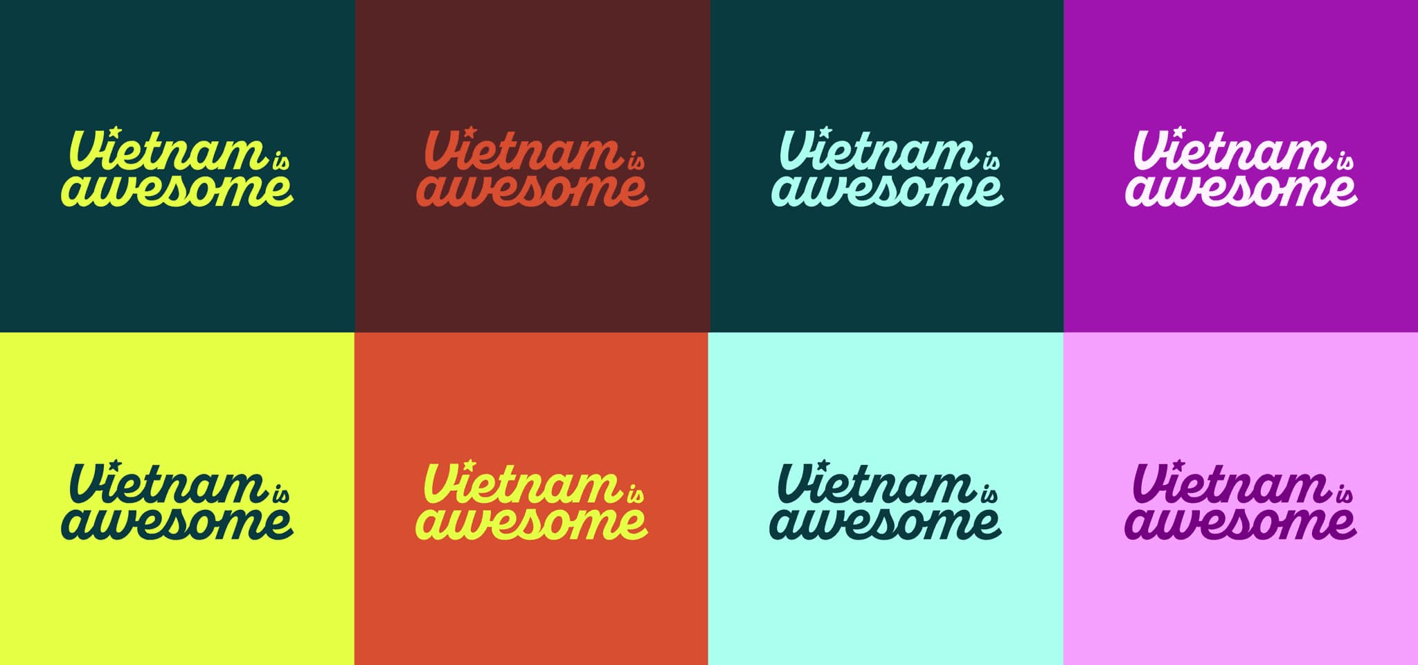 Colorful collage featuring the phrase "Vietnam is awesome" in various fonts and backgrounds, showcasing vibrant design.