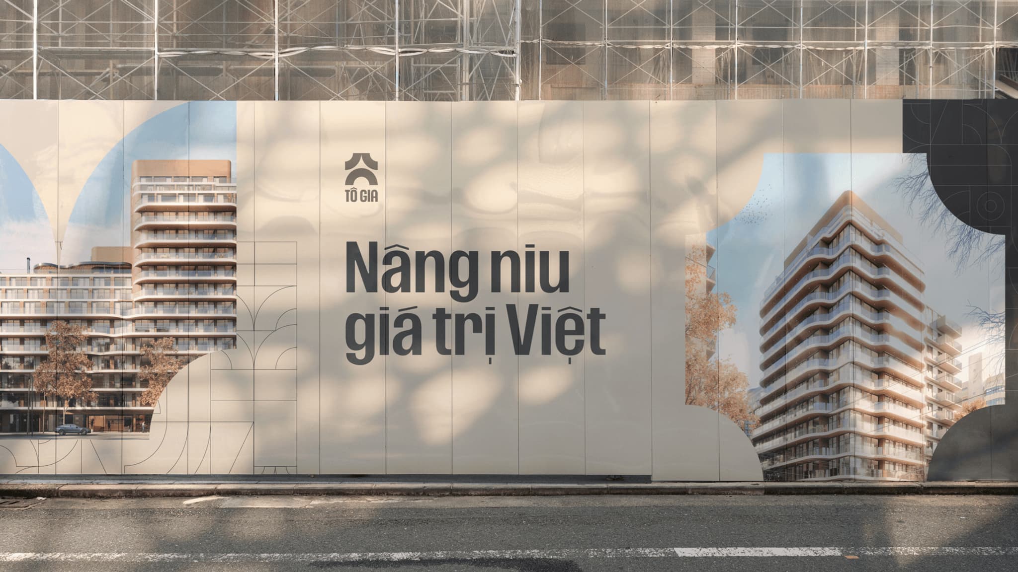 Vietnamese real estate ad featuring modern building designs with the slogan "Nâng niu giá trị Việt" displayed prominently.