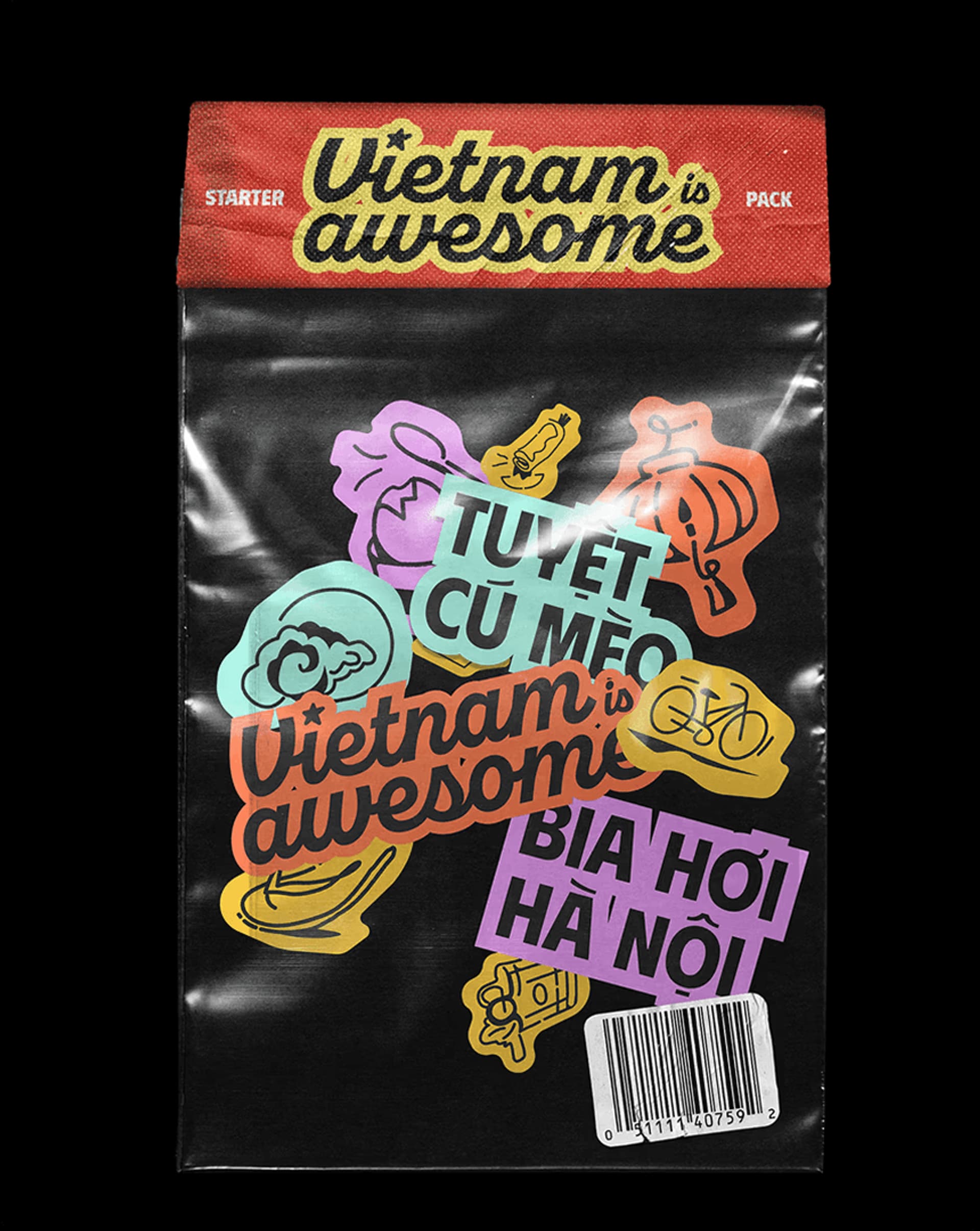 Colorful sticker pack featuring phrases like "Vietnam is awesome" and "Bia Hoi Ha Noi," showcasing Vietnamese culture and fun design.