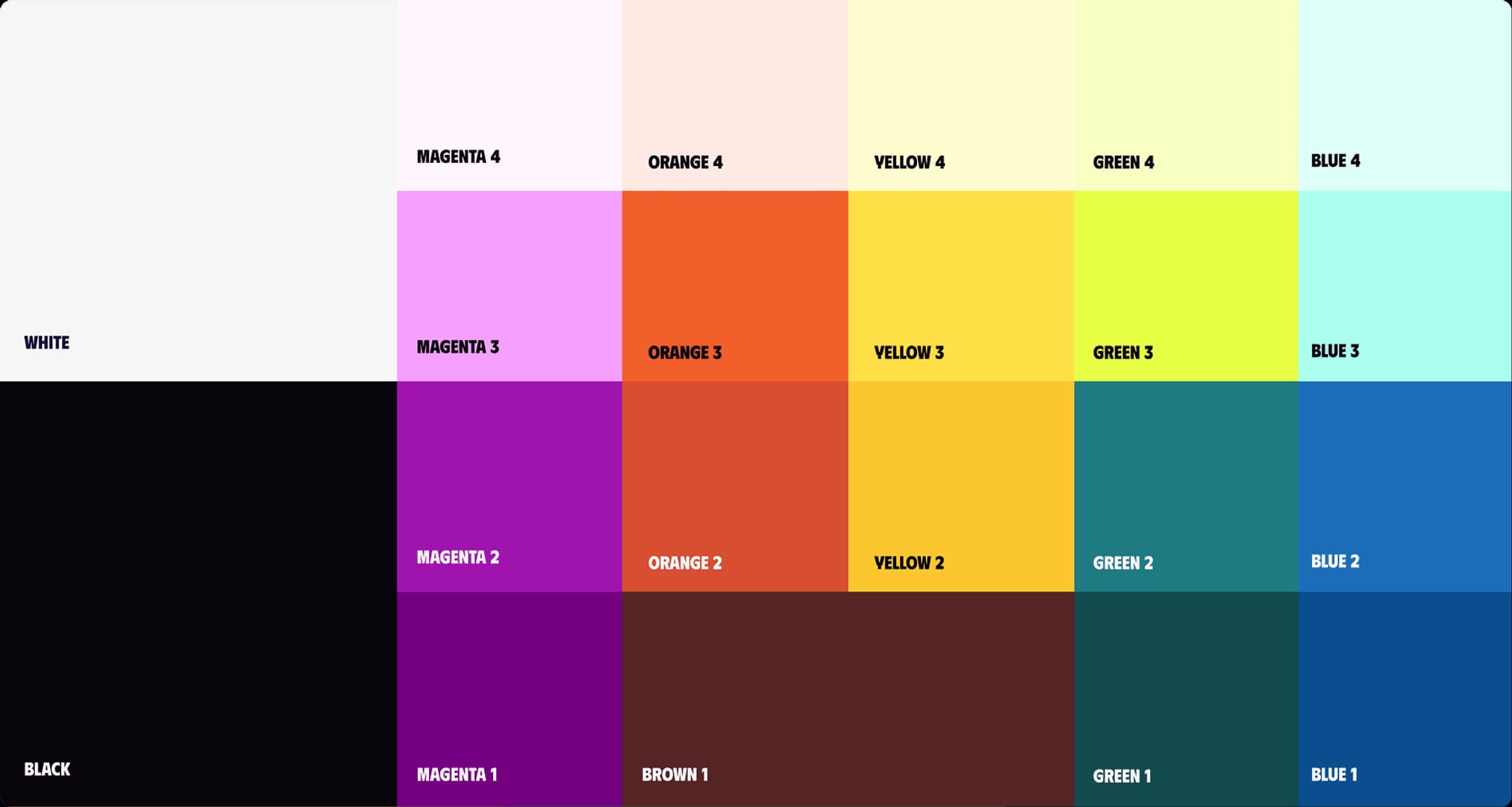 Color palette showcasing various shades including white, black, and vibrant hues like orange, yellow, green, and blue.