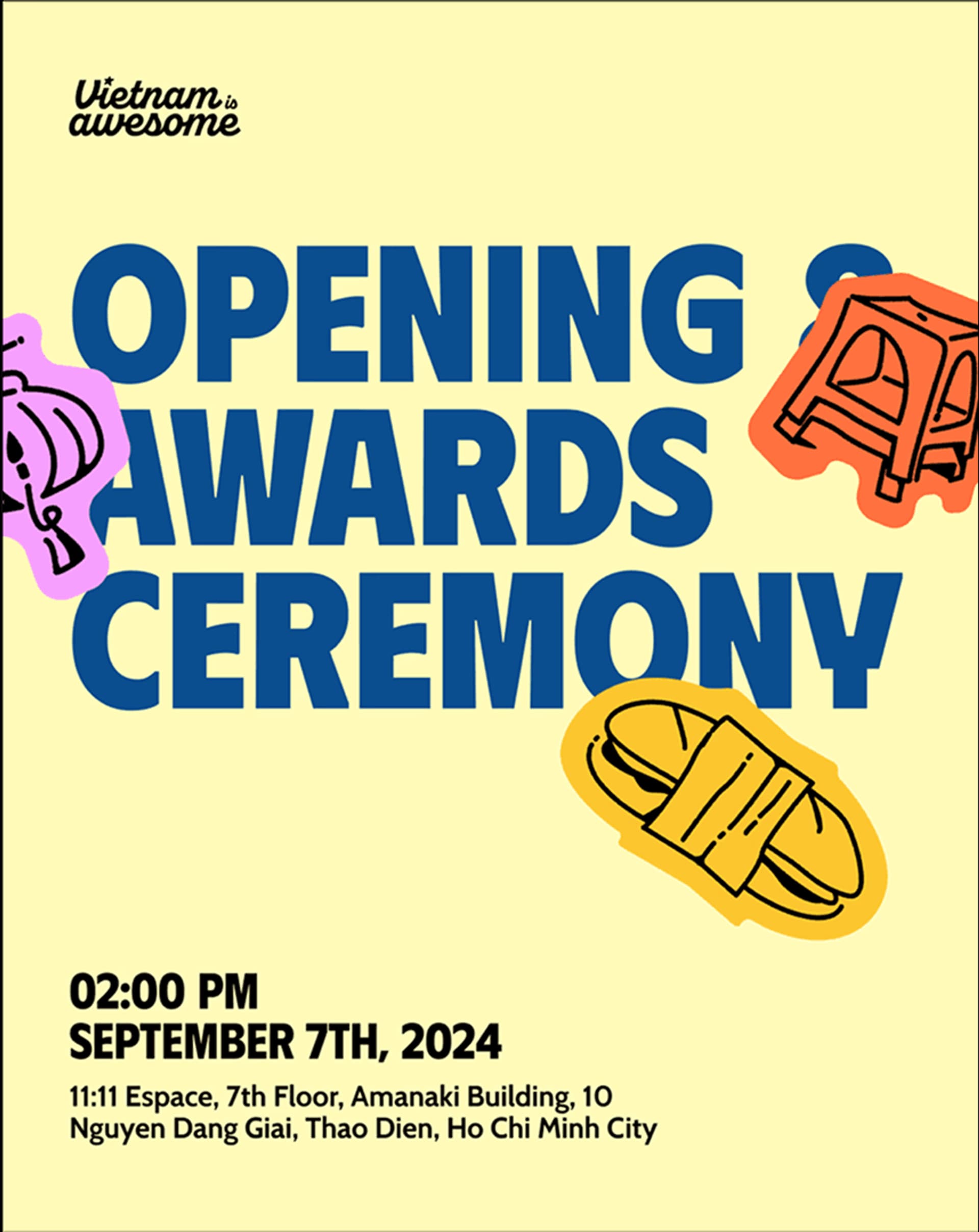 Opening and awards ceremony poster featuring event details for Vietnam is Awesome on September 7, 2024, in Ho Chi Minh City.
