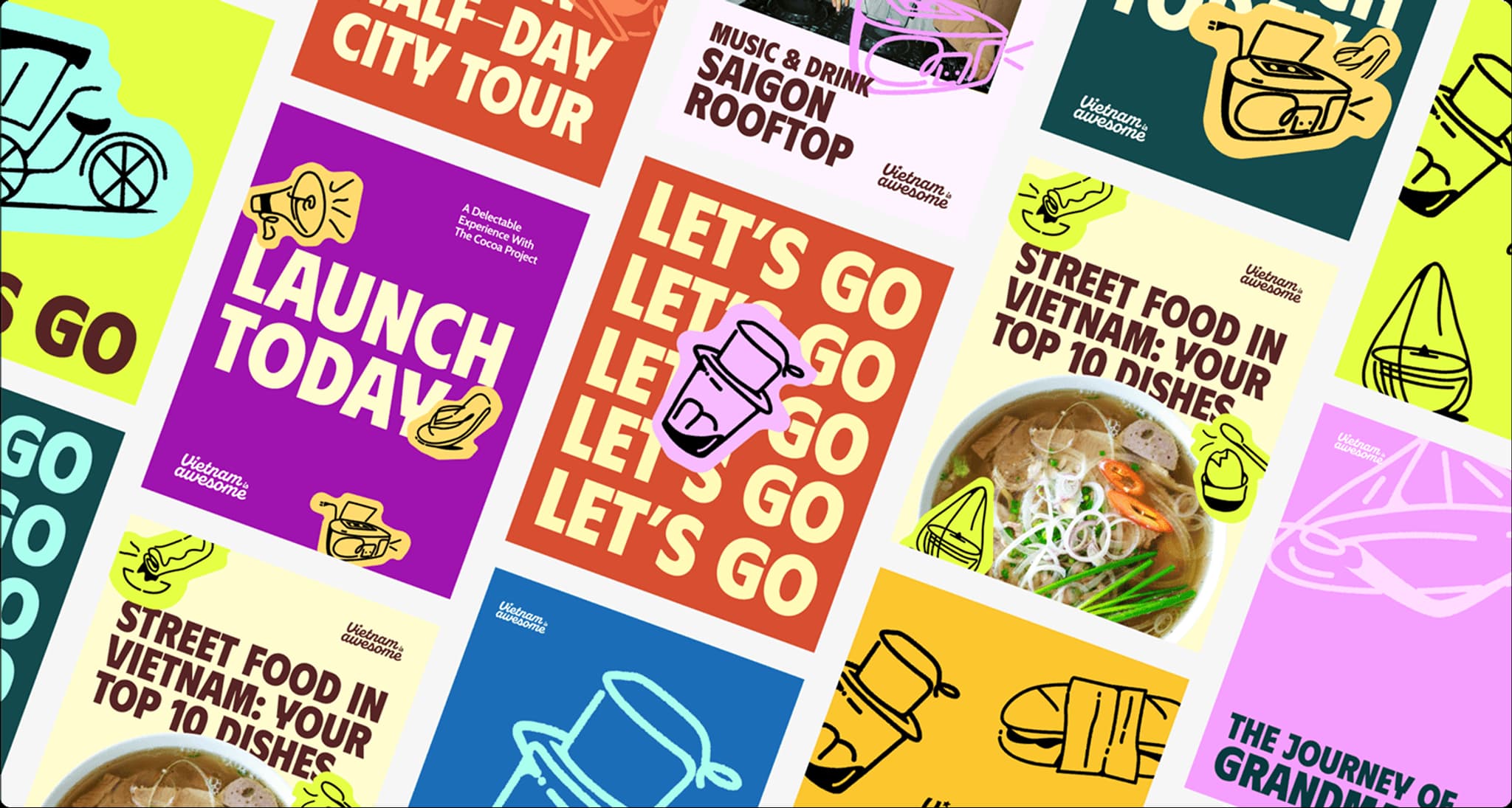 Colorful collage of promotional posters for tours and street food in Vietnam, featuring vibrant designs and enticing food imagery.