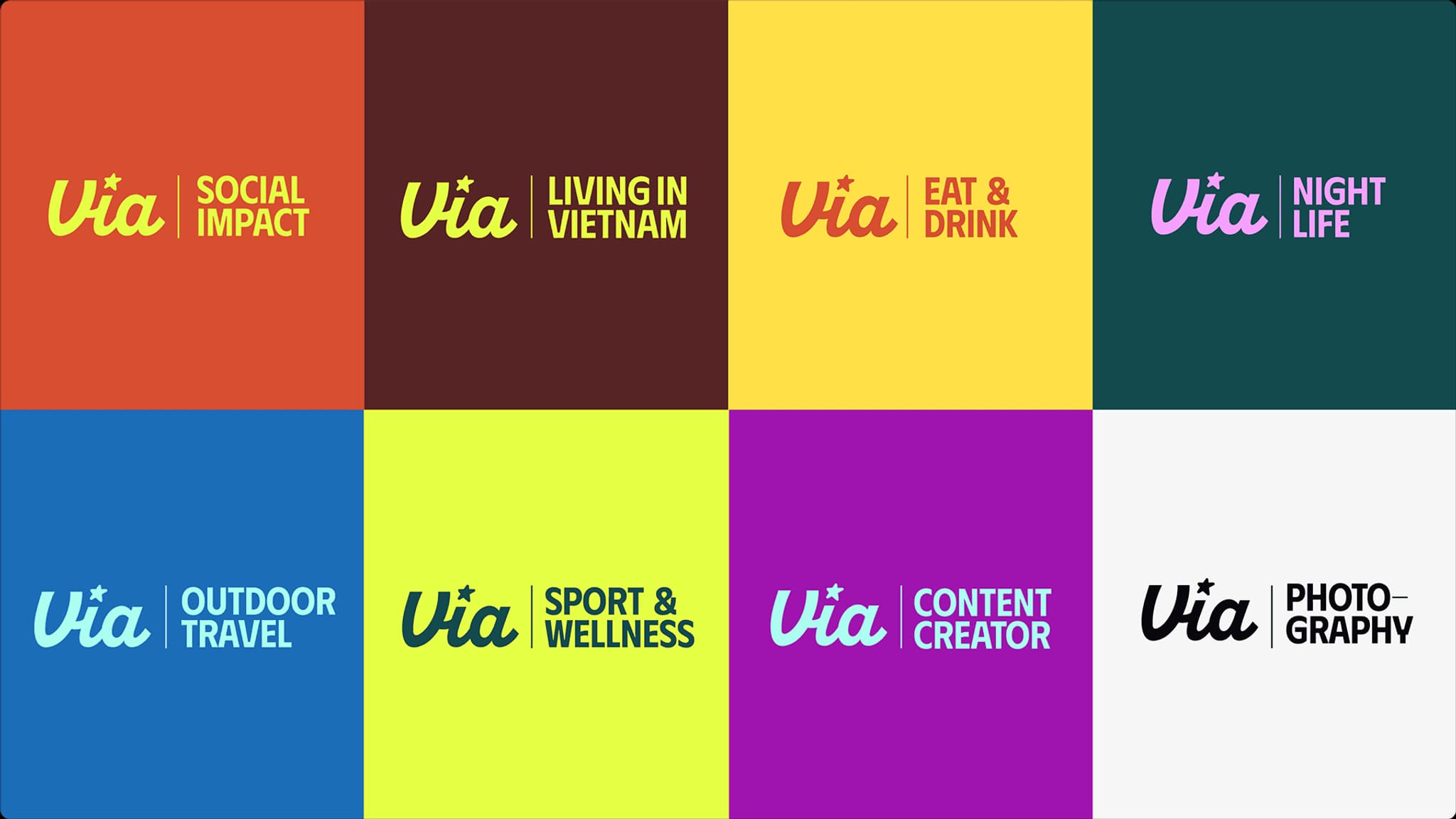 Grid of "Via" sub-brands: Social Impact, Living in Vietnam, Eat & Drink, Night Life, Outdoor Travel, Sport & Wellness, Content Creator, Photography.
