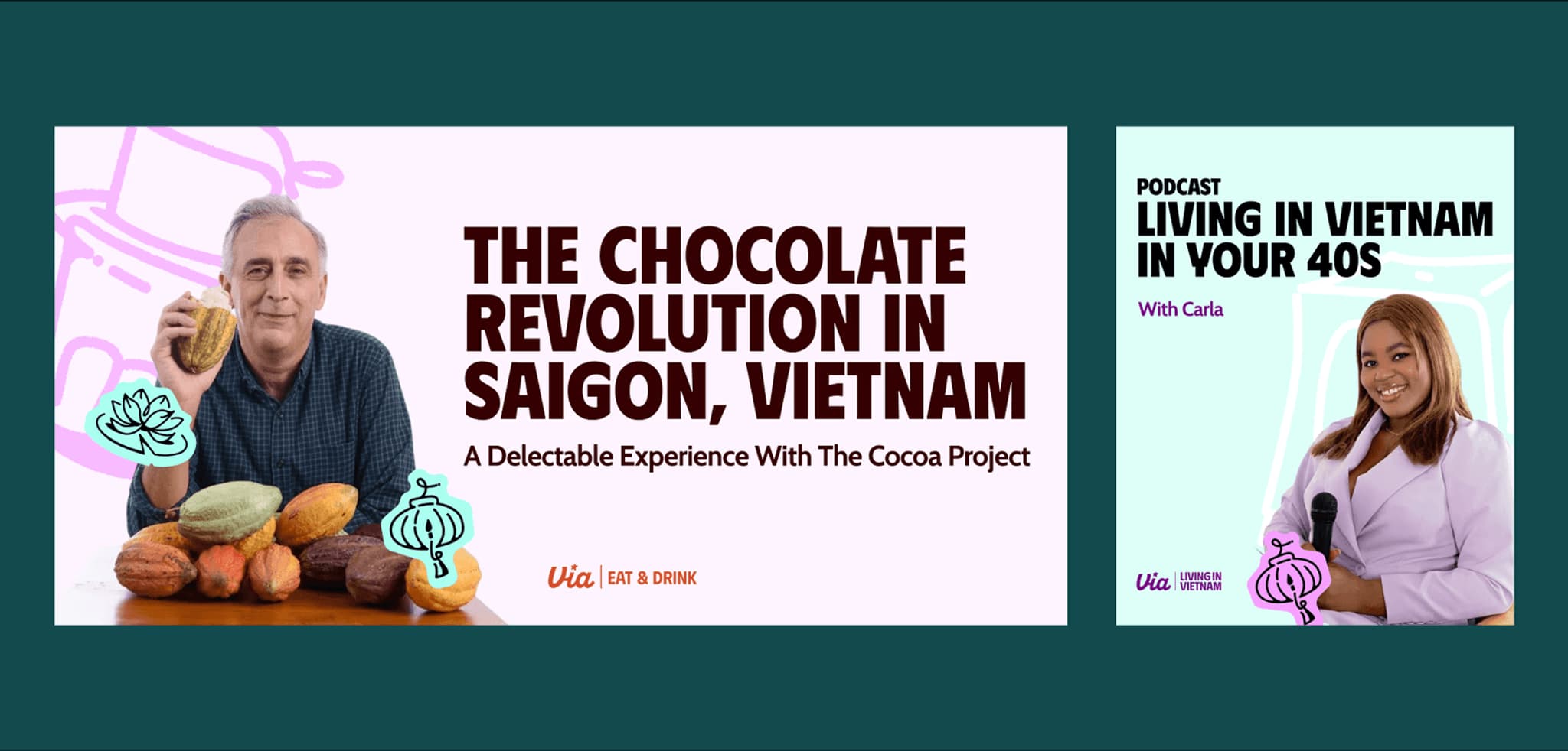 "Promotional graphic for 'The Chocolate Revolution in Saigon, Vietnam' podcast featuring hosts and cocoa images."