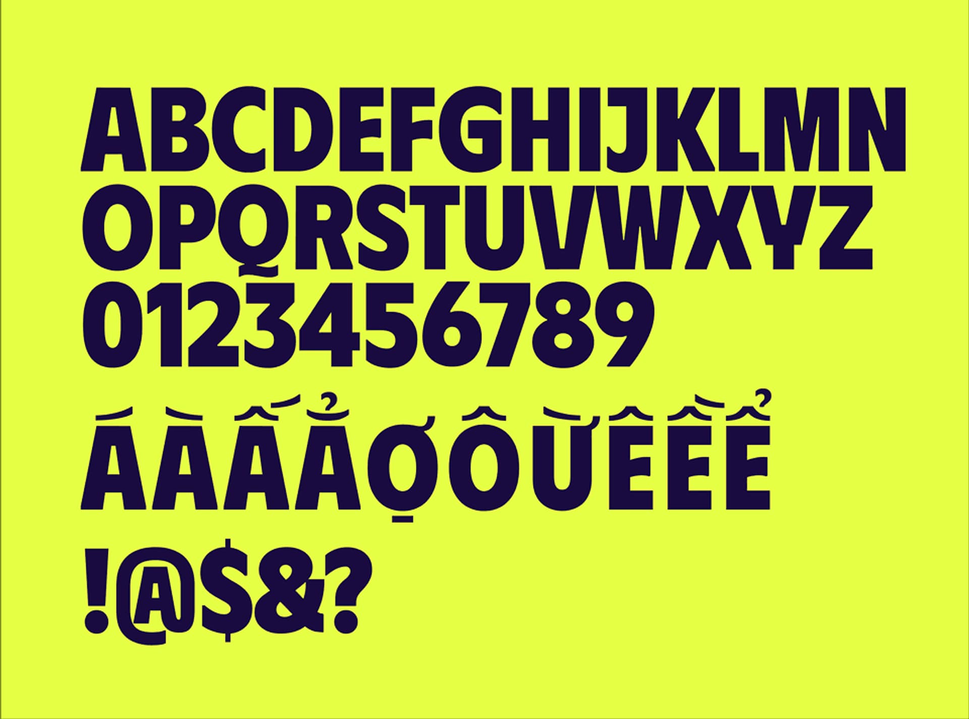Bold typography featuring uppercase letters, numbers, and special characters on a vibrant yellow background.