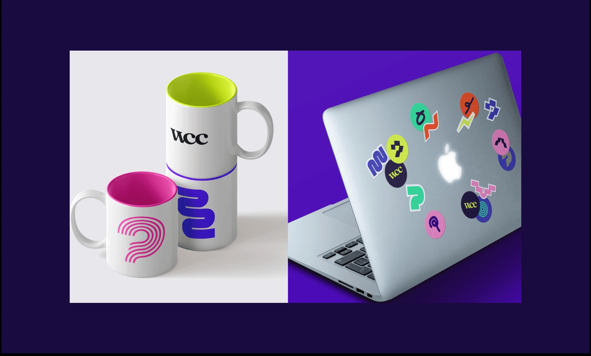 Colorful WCC-branded mugs and a laptop adorned with playful stickers in vibrant colors, showcasing creative design.