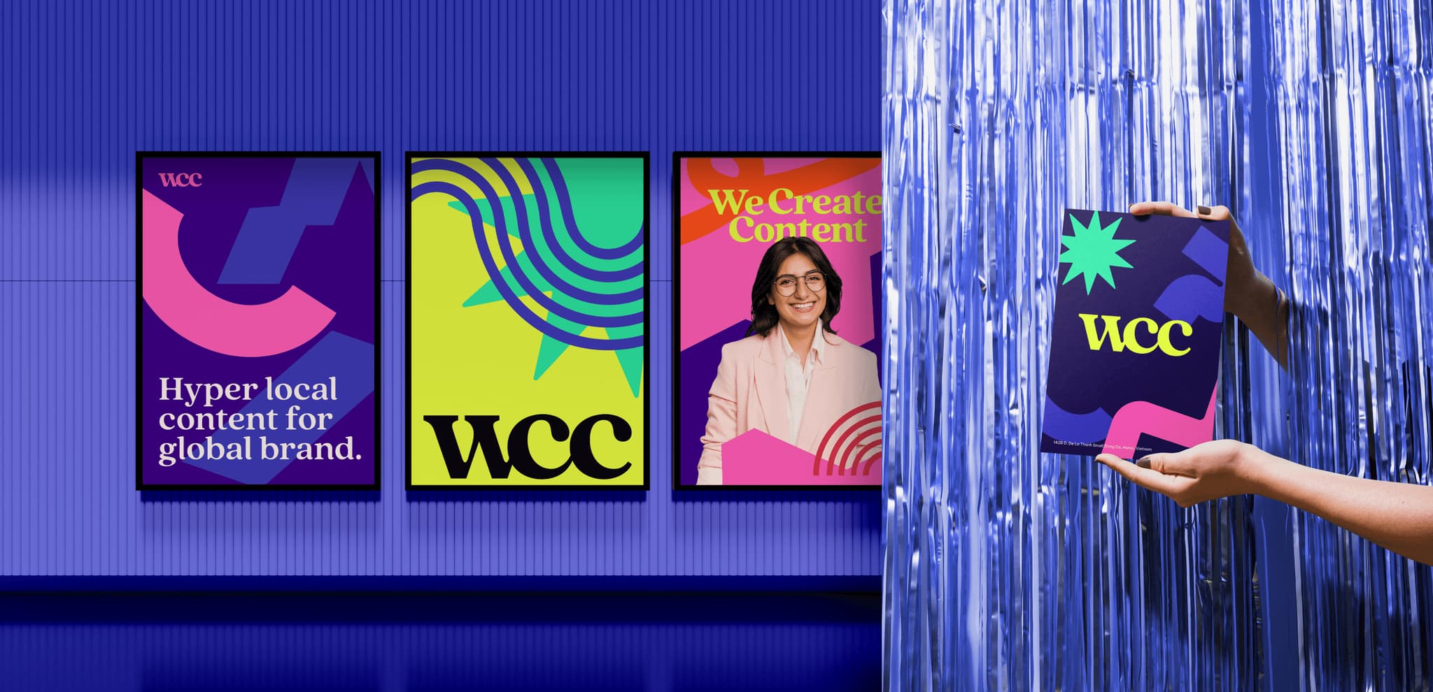 Colorful promotional materials from WCC featuring slogans like "Hyper local content for global brand" and "We Create Content."