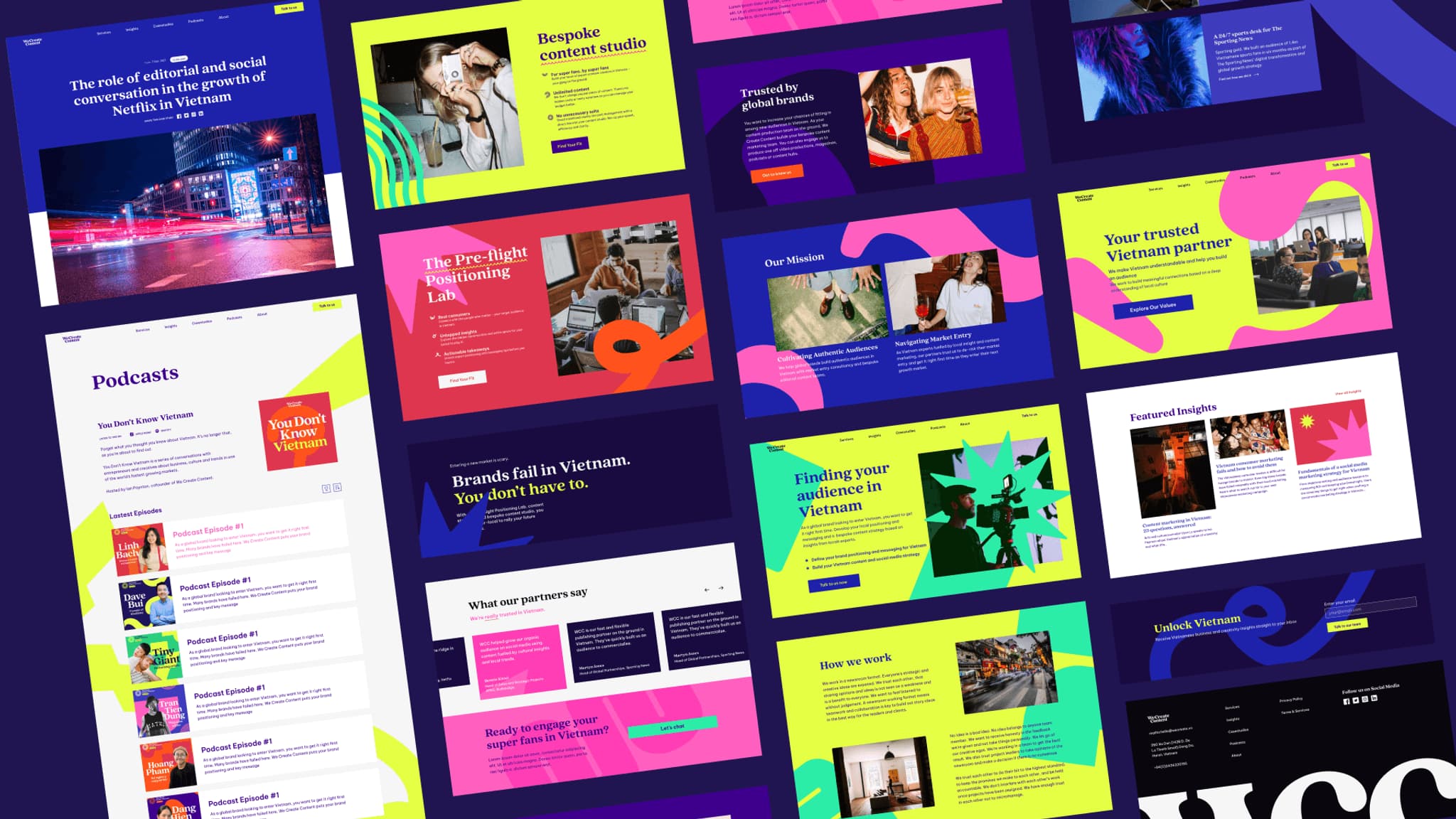 Colorful collage of vibrant website designs showcasing various digital marketing services and presentations.
