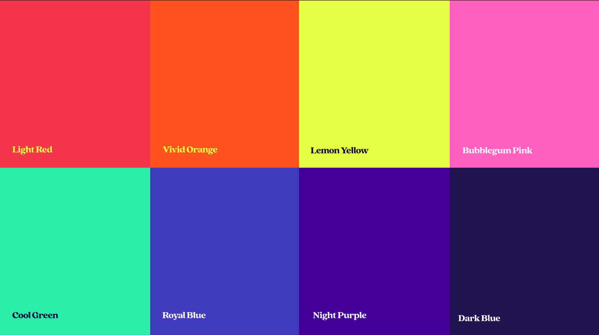 Color swatches featuring Light Red, Vivid Orange, Lemon Yellow, Bubblegum Pink, Cool Green, Royal Blue, Night Purple, and Dark Blue.