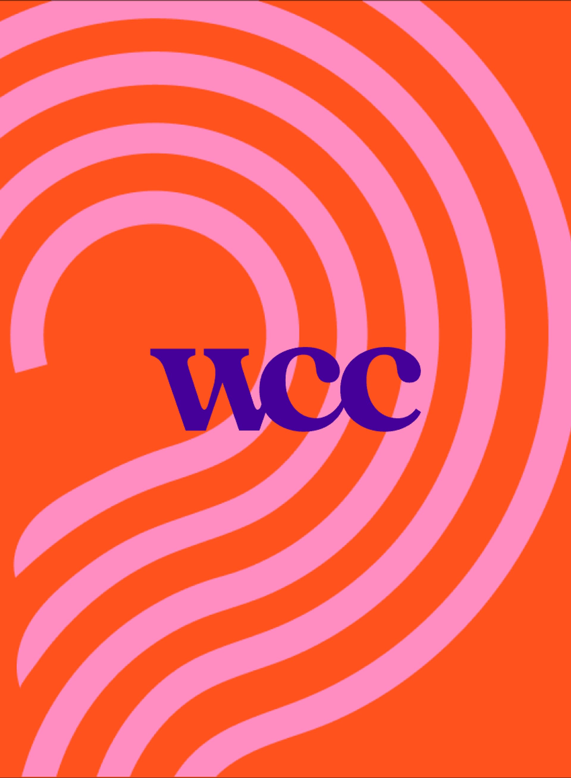 Bold "WCC" logo in purple contrasts with vibrant orange background and pink concentric curves, creating an eye-catching design.