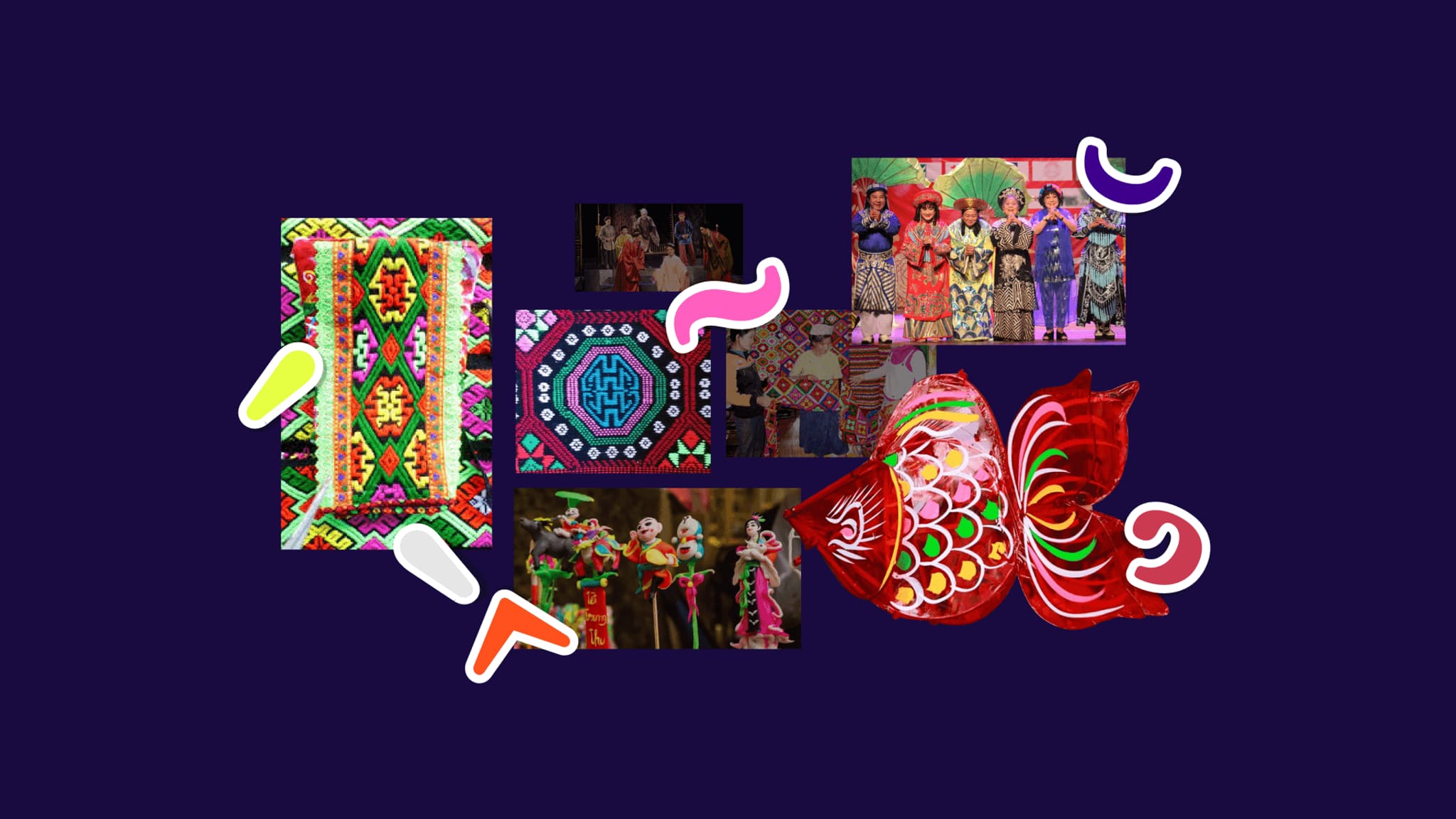 Colorful moodboard collage featuring vibrant patterns, traditional costumes, and artistic elements, showcasing cultural aesthetics.