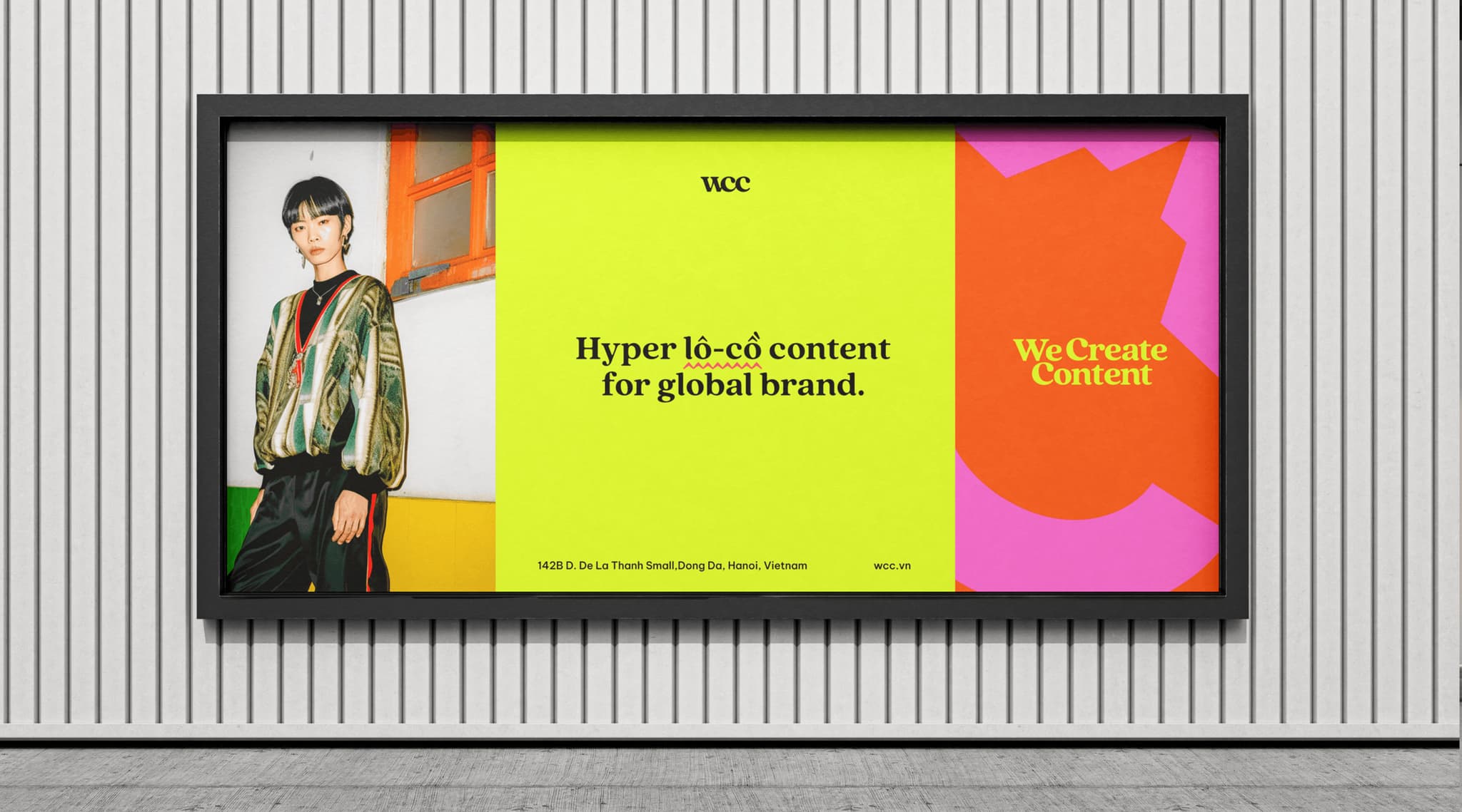 Bright advertisement poster for WCC showcasing "Hyper lo-co content for global brand" alongside creative visuals.