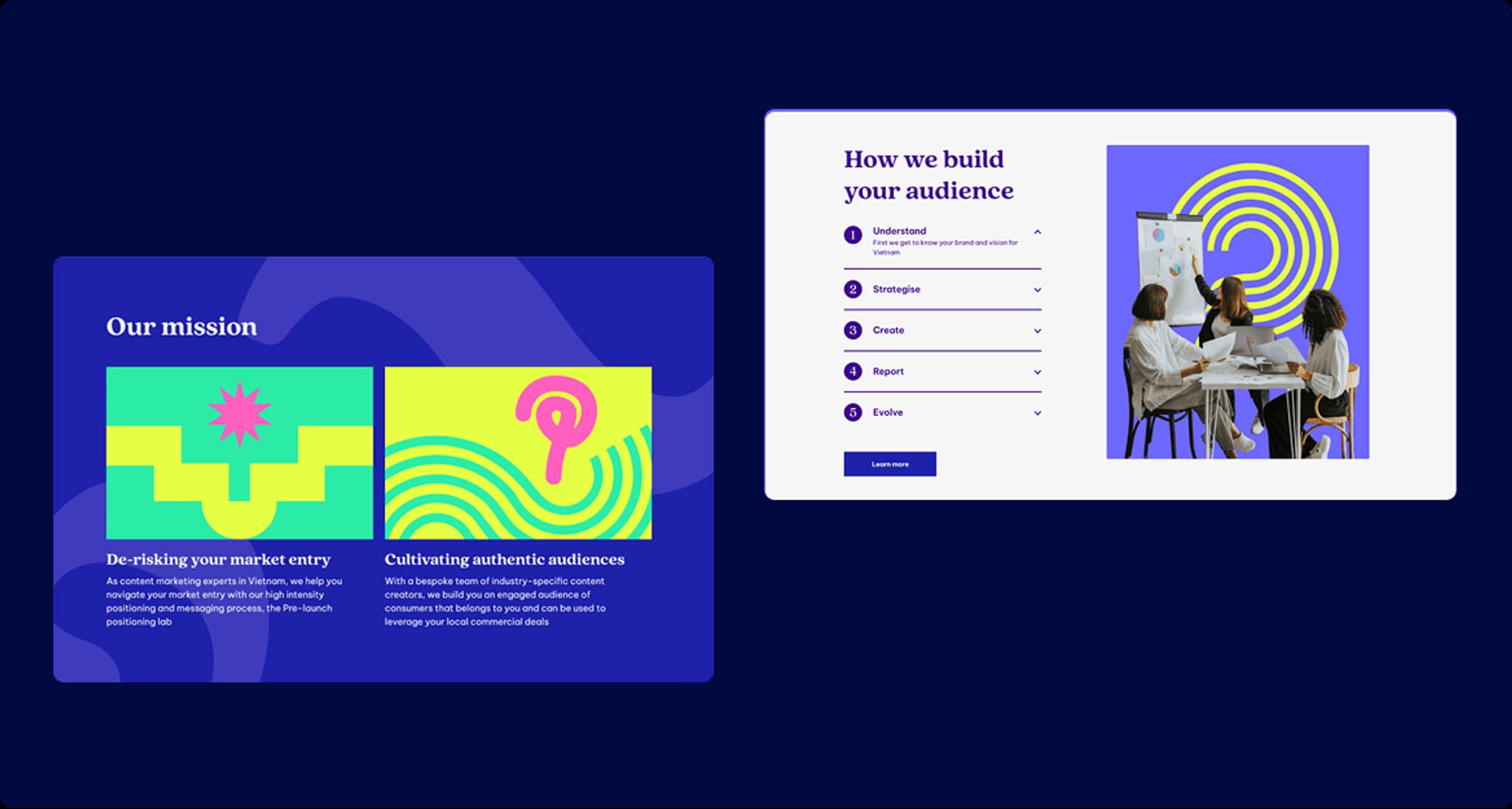 Bright graphic design showcasing a digital interface titled "Our Mission" with colorful visuals and a section on audience building.